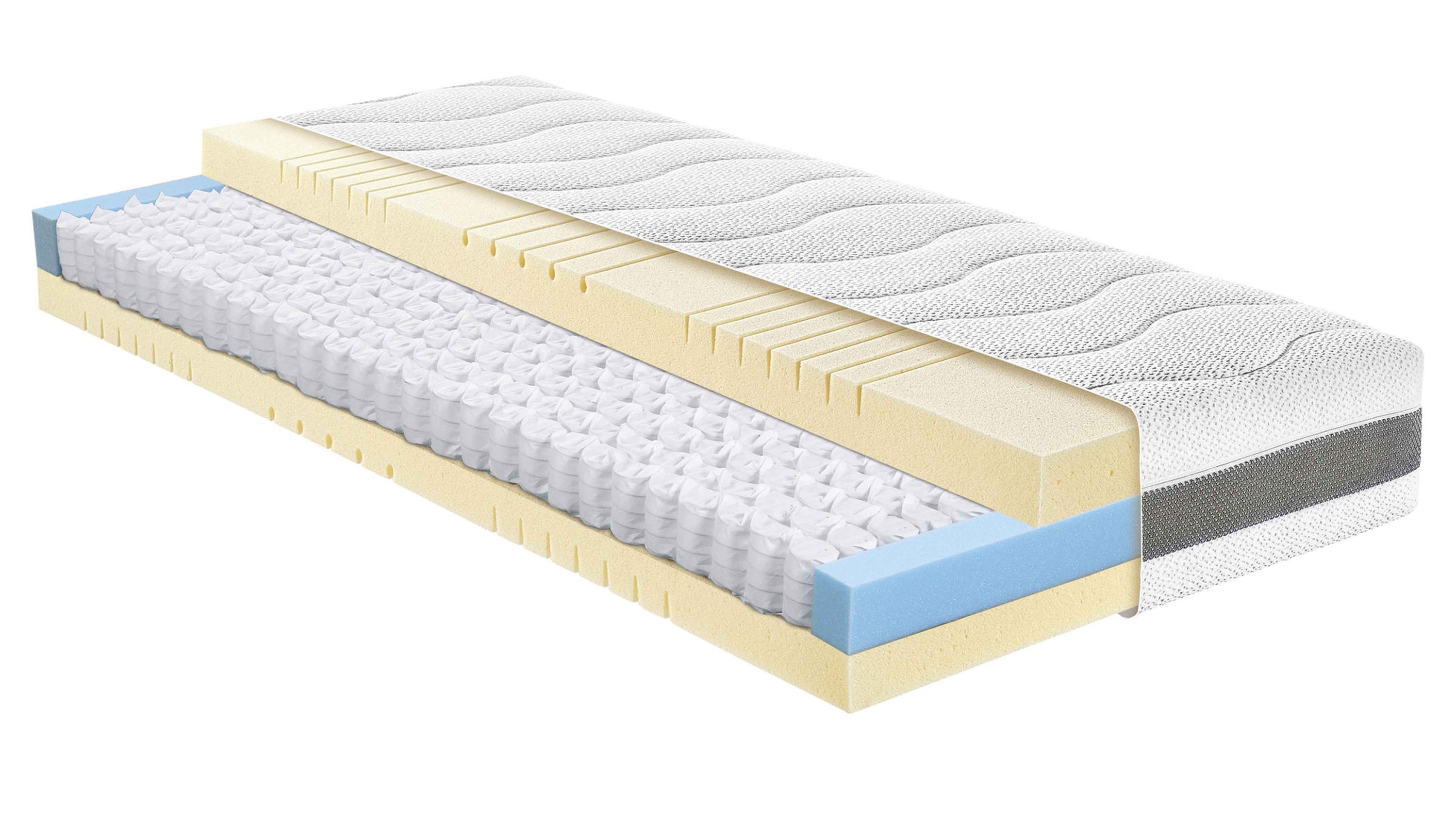 Matratze mit weißem Bezug und sichtbarer Schicht aus Taschenfedern und Schaumpolster in Gelb und Blau