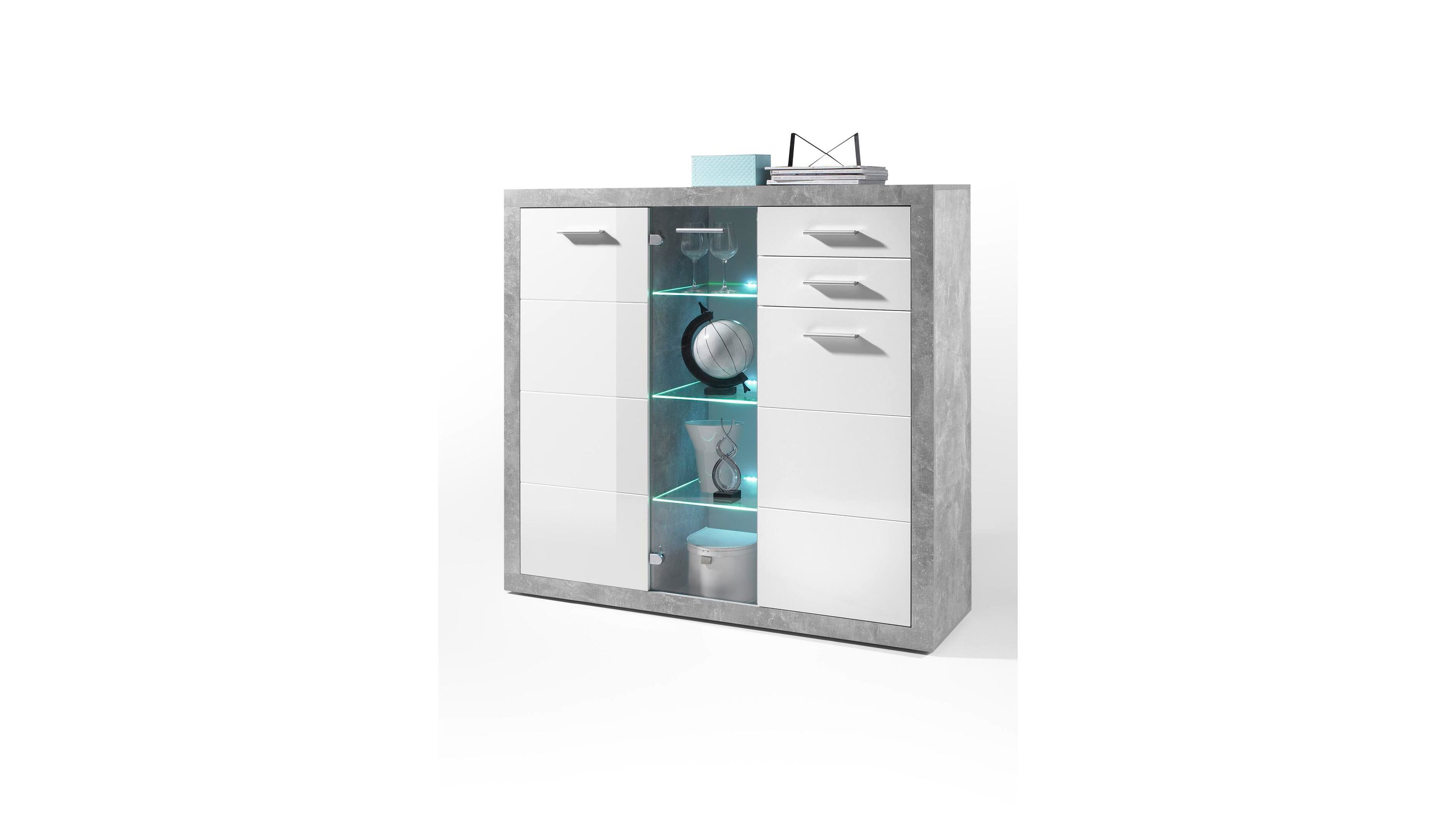 Highboard mit weißen Türen und Glasfach in Betonoptik Rechteckiges Highboard mit betonfarbener Umrahmung drei weißen Türen zwei Schubladen und beleuchtetem Glasfach