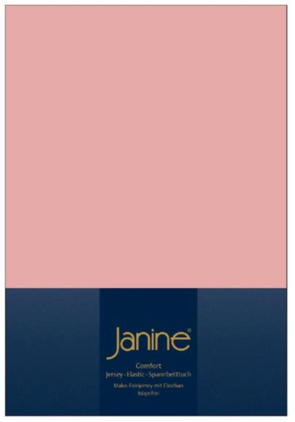 Zartrosa Janine Jersey-Elastik-Spannbettlaken, Verpackung mit Janine-Logo und blauer Banderole frontal