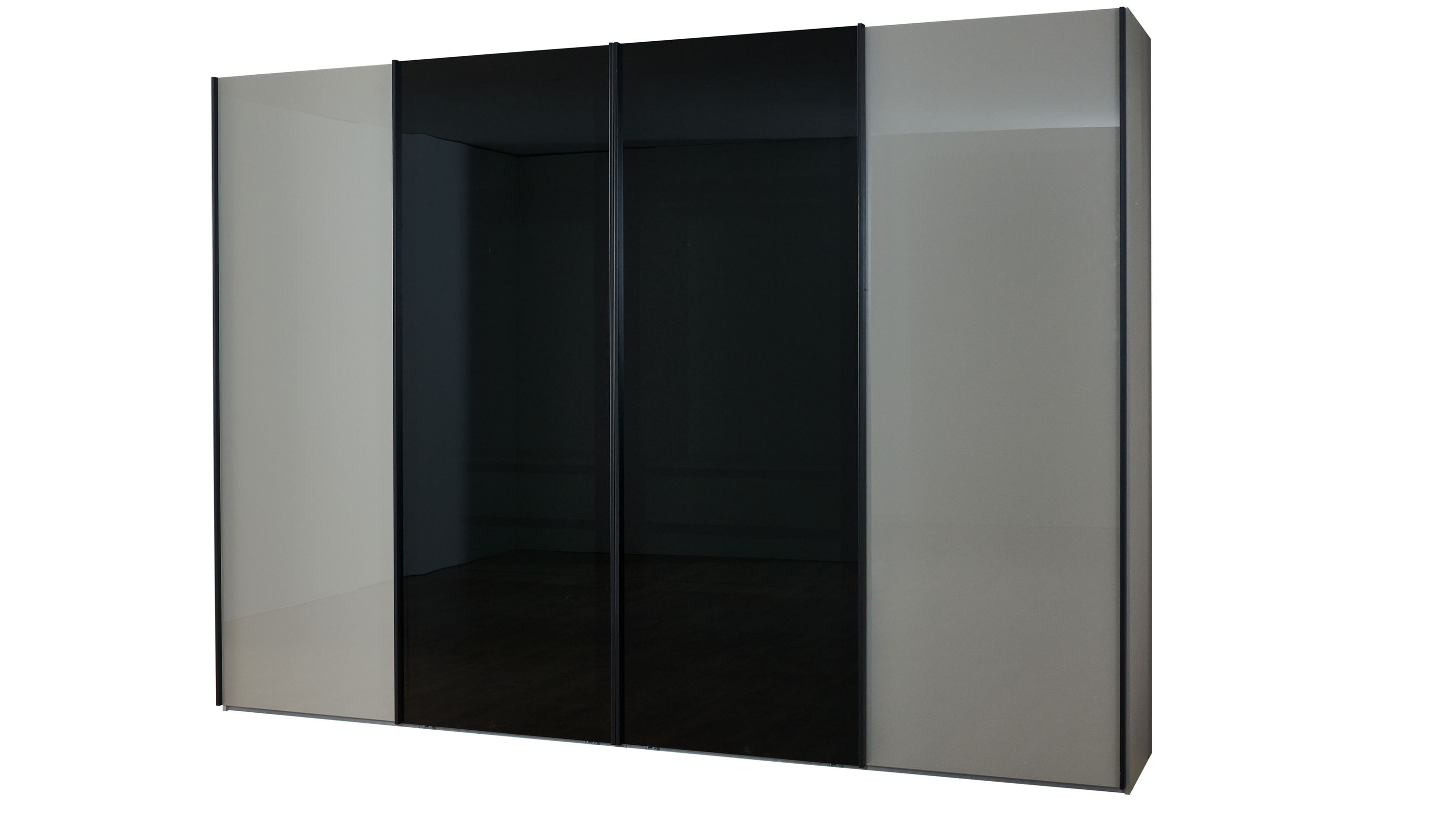 Kleiderschrank mit vier Türen zwei graue Türen und zwei Türen mit dunklem Glas