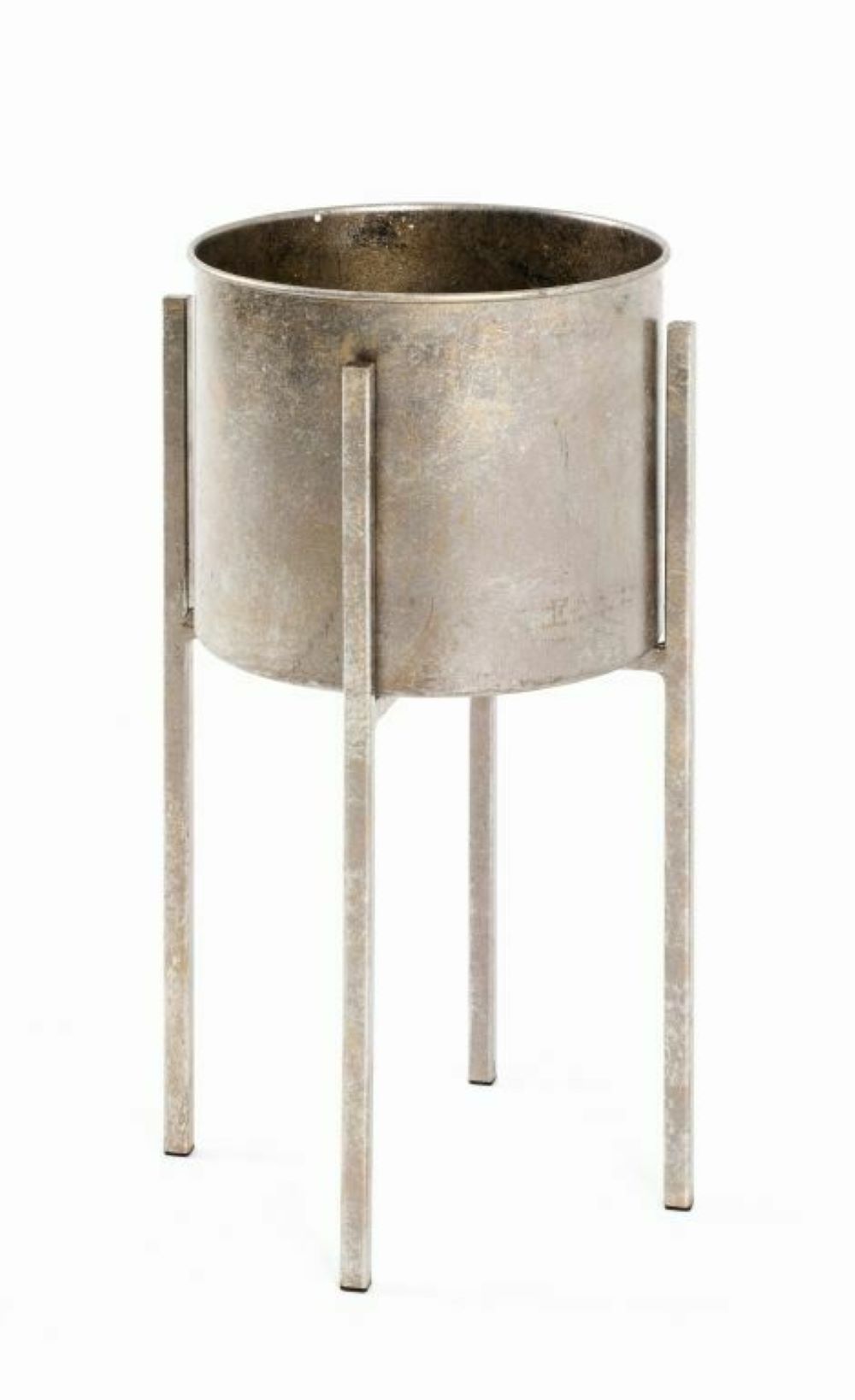 Schlichte Blumensäule in Antikbronze-Optik mit rundem Pflanztopf  freistehend auf weißem Hintergrund