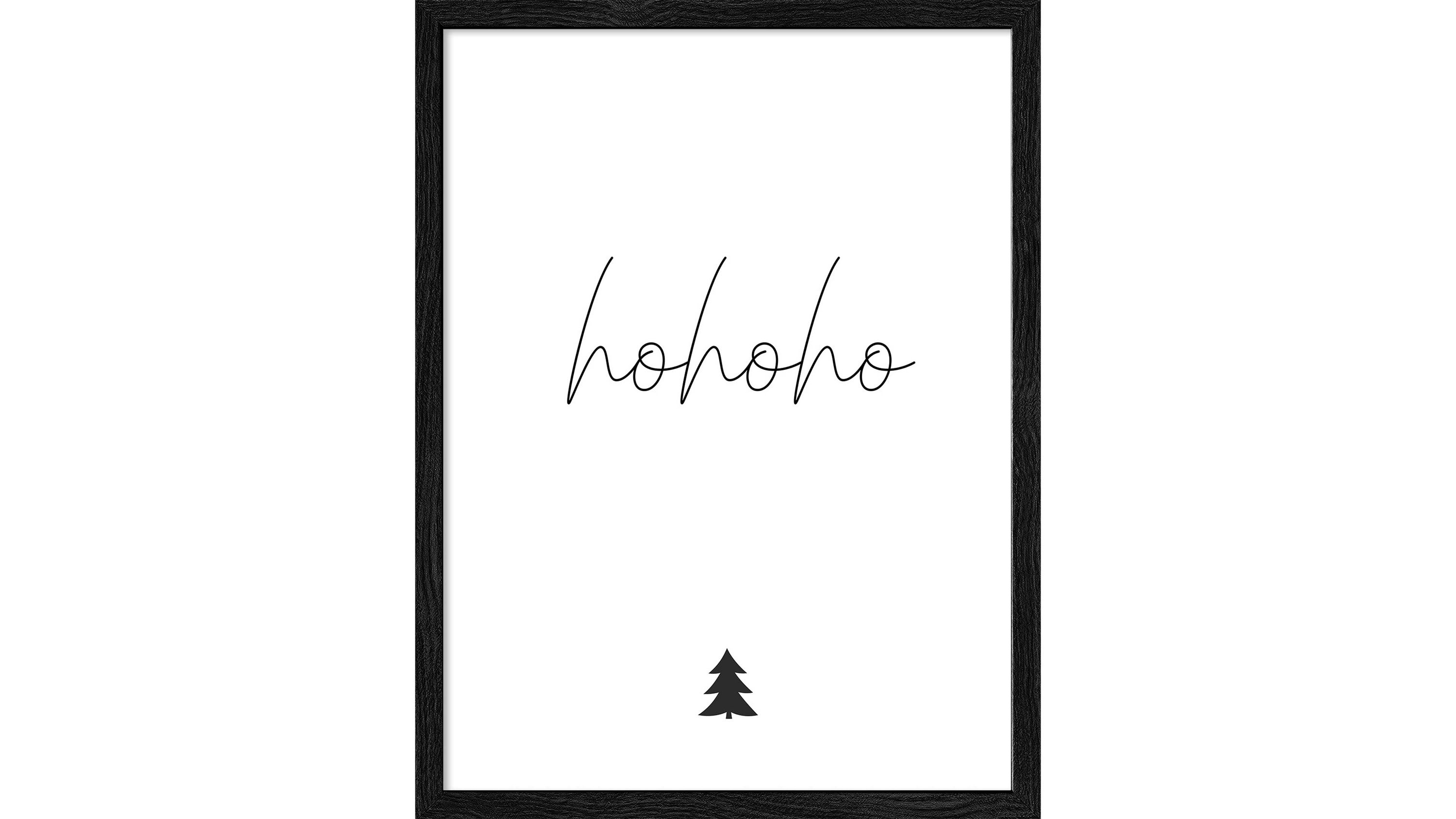 Schwarzer Bilderrahmen mit weißem Hintergrund und schwarzer Schrift hohoho sowie kleinem Tannenbaum unten
