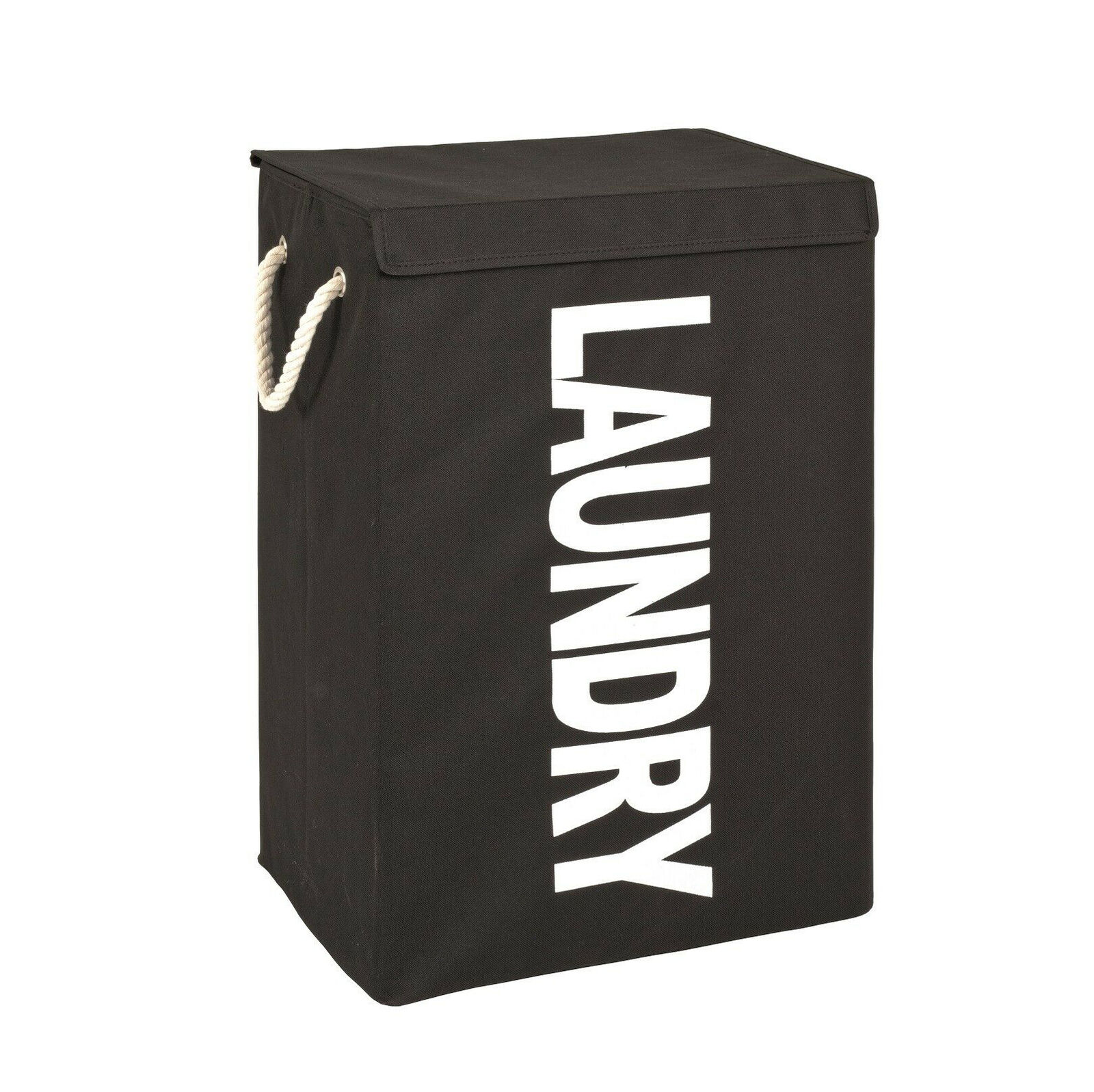 Großer rechteckiger Wäschesammler Laurel von Haku in Schwarz weißer LAUNDRY-Aufdruck Deckel geschlossen schräg frontal