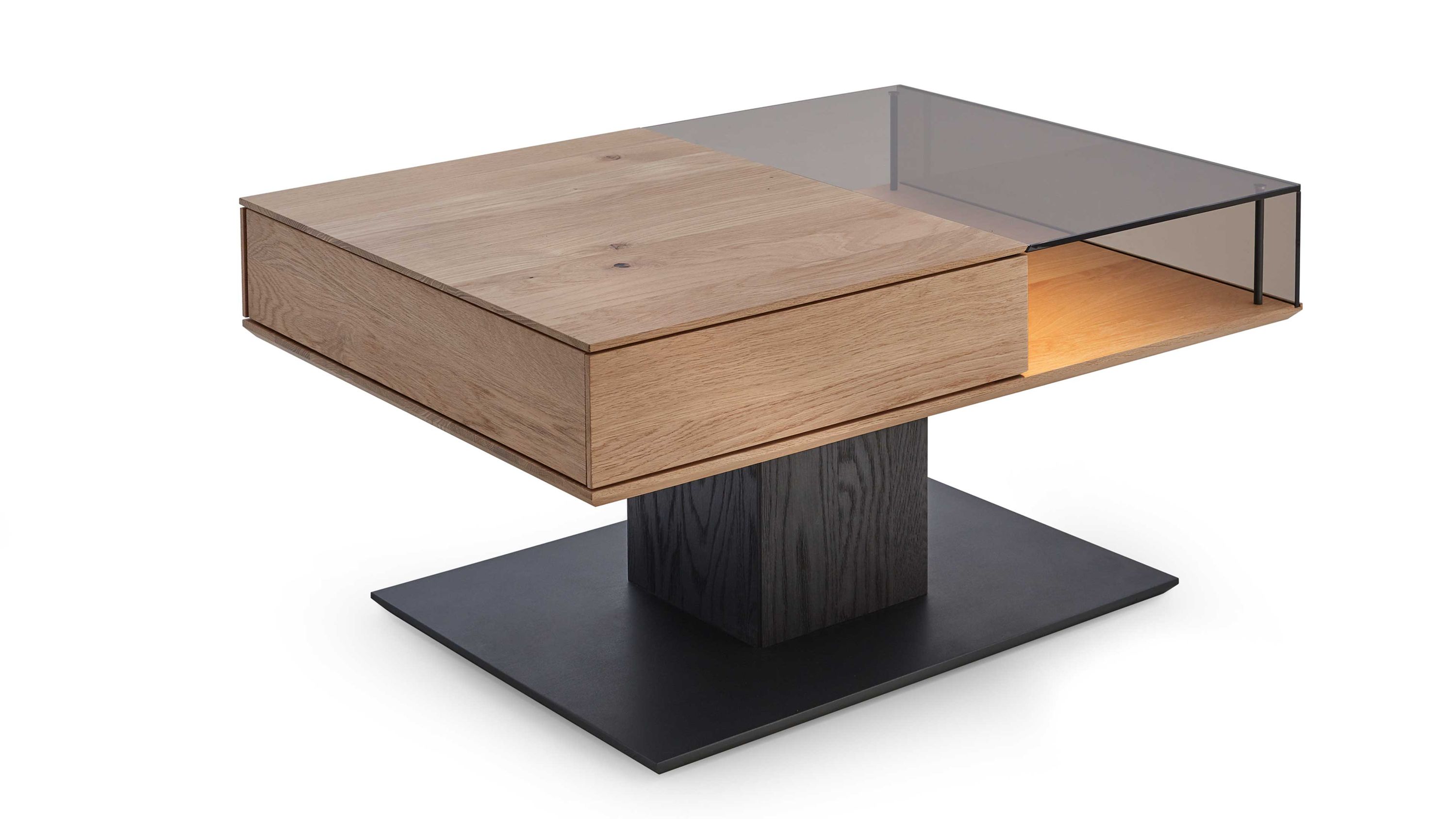 Quadratischer Couchtisch mit Holzplatte schwarzer Basis und transparentem Glasaufsatz