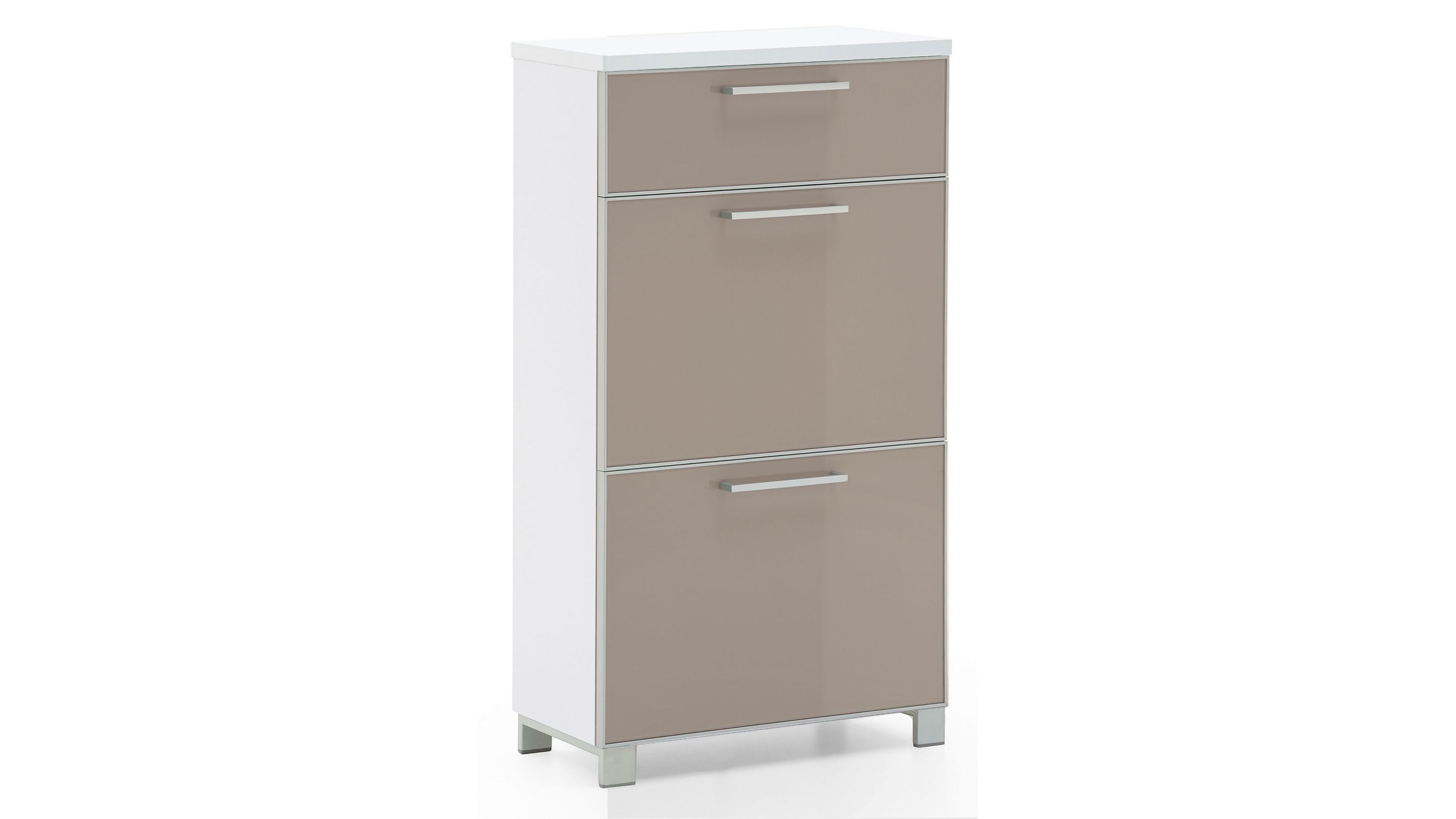 Schuhschrank mit Schublade und Klappen in Weiß und Taupe Schuhschrank mit weißem Korpus und taupefarbenen Fronten eine Schublade und zwei Klappen Metallgriffe
