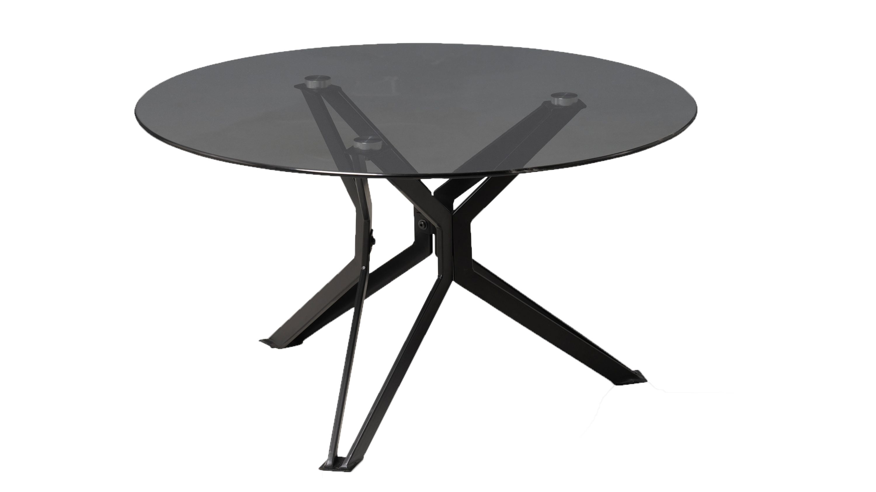 Runder Couchtisch mit Glasplatte und Metallgestell Runder Couchtisch mit grauer Glasplatte und schwarzem Metallgestell mit vier Beinen