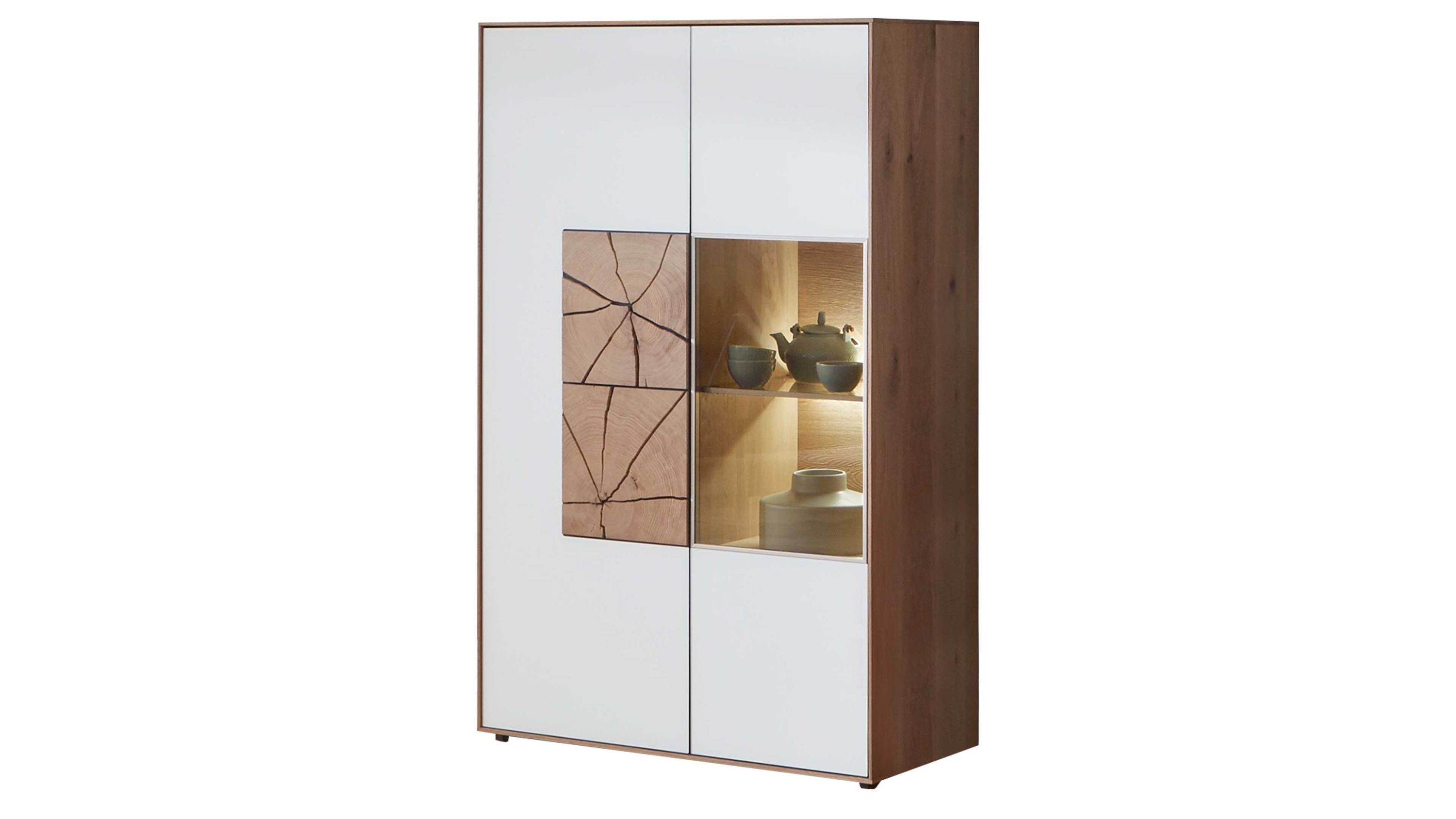 Vitrine mit weißen Mattglastüren und Kerneiche Vitrine mit zwei weißen Mattglastüren und Holzseiten in Kerneiche mit quadratischem Glasausschnitt