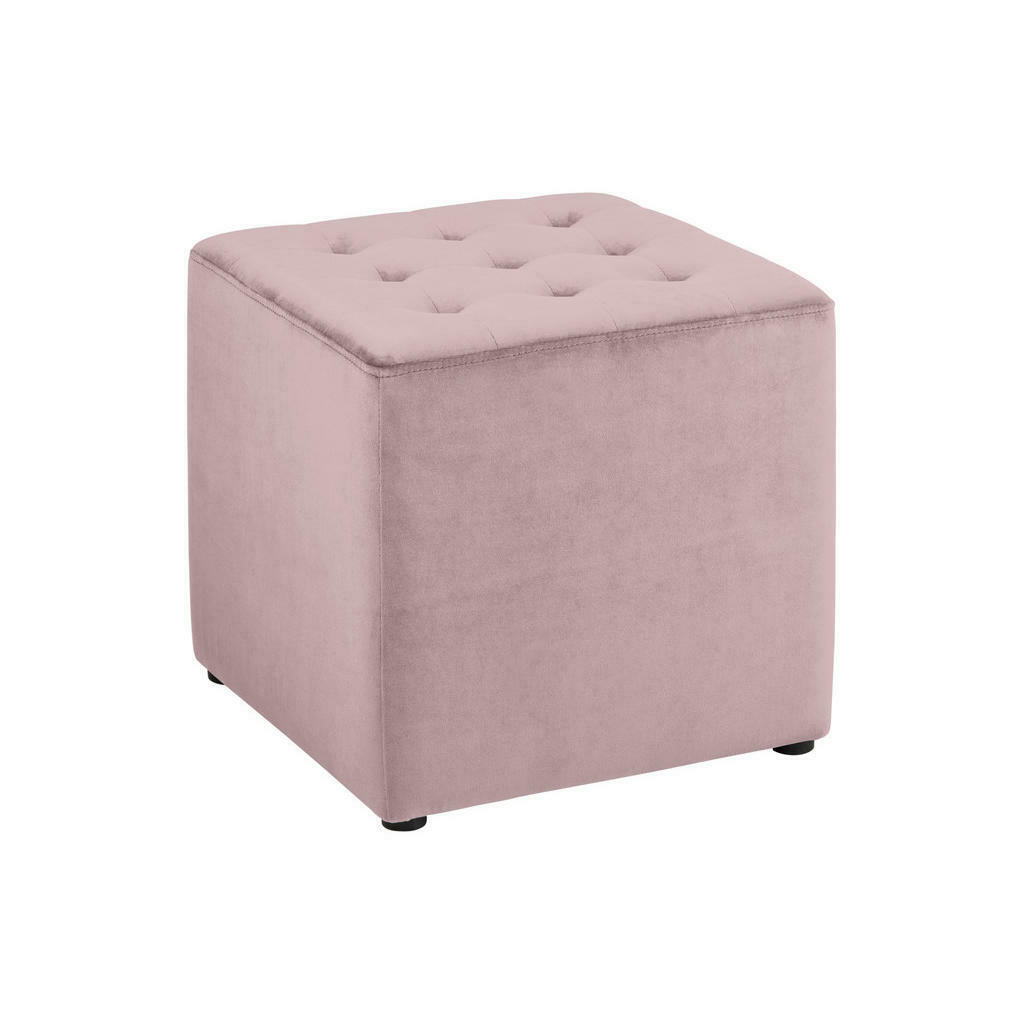 Quadratischer Hocker in Dusty Rose mit Knopfsteppung gepolsterter Sitzfläche moderner Form kleinen runden Füßen