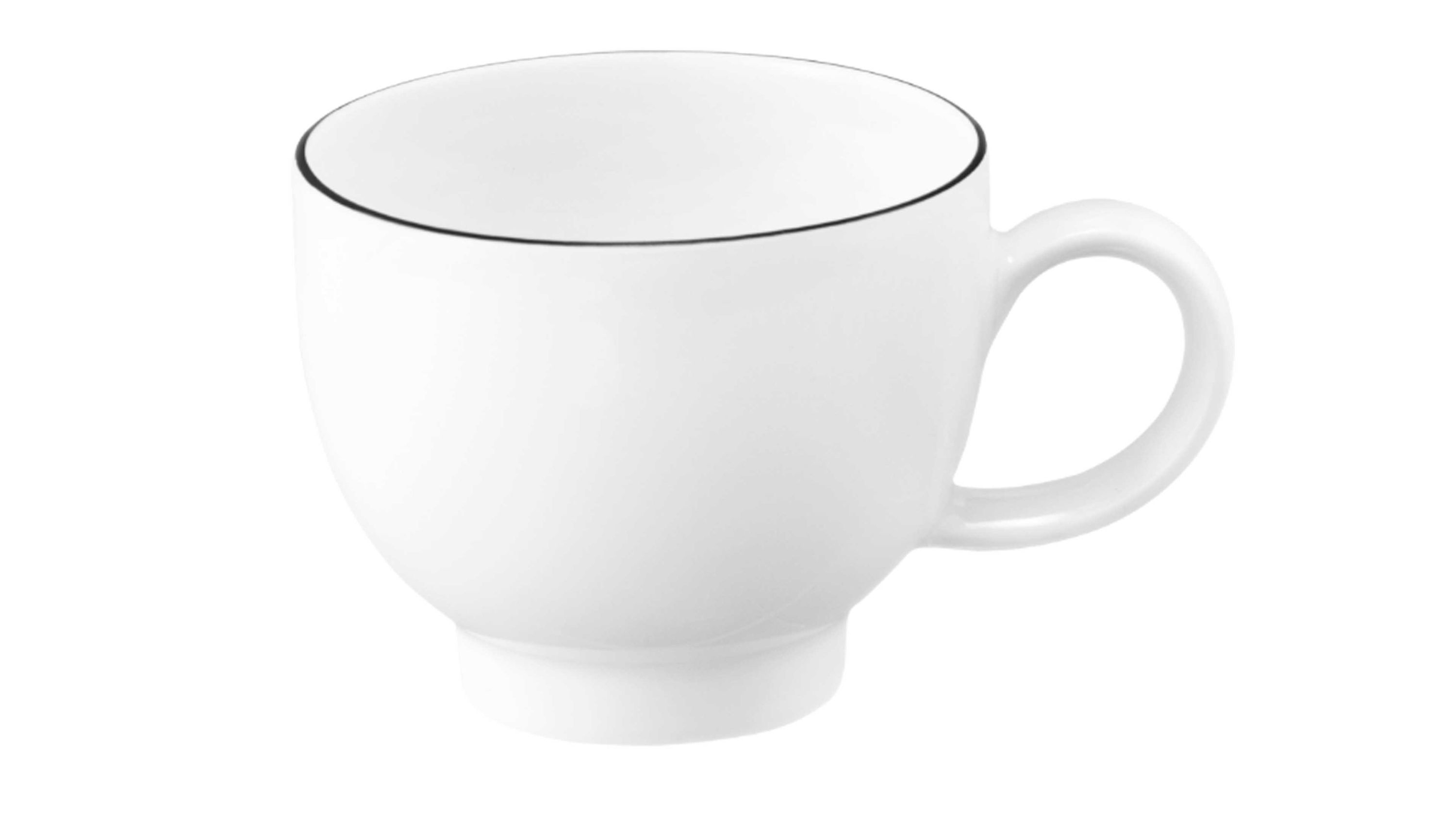Weiße Espressotasse mit schwarzem Rand Weiße Espressotasse mit rundem Henkel und dünnem schwarzem Rand am oberen Rand