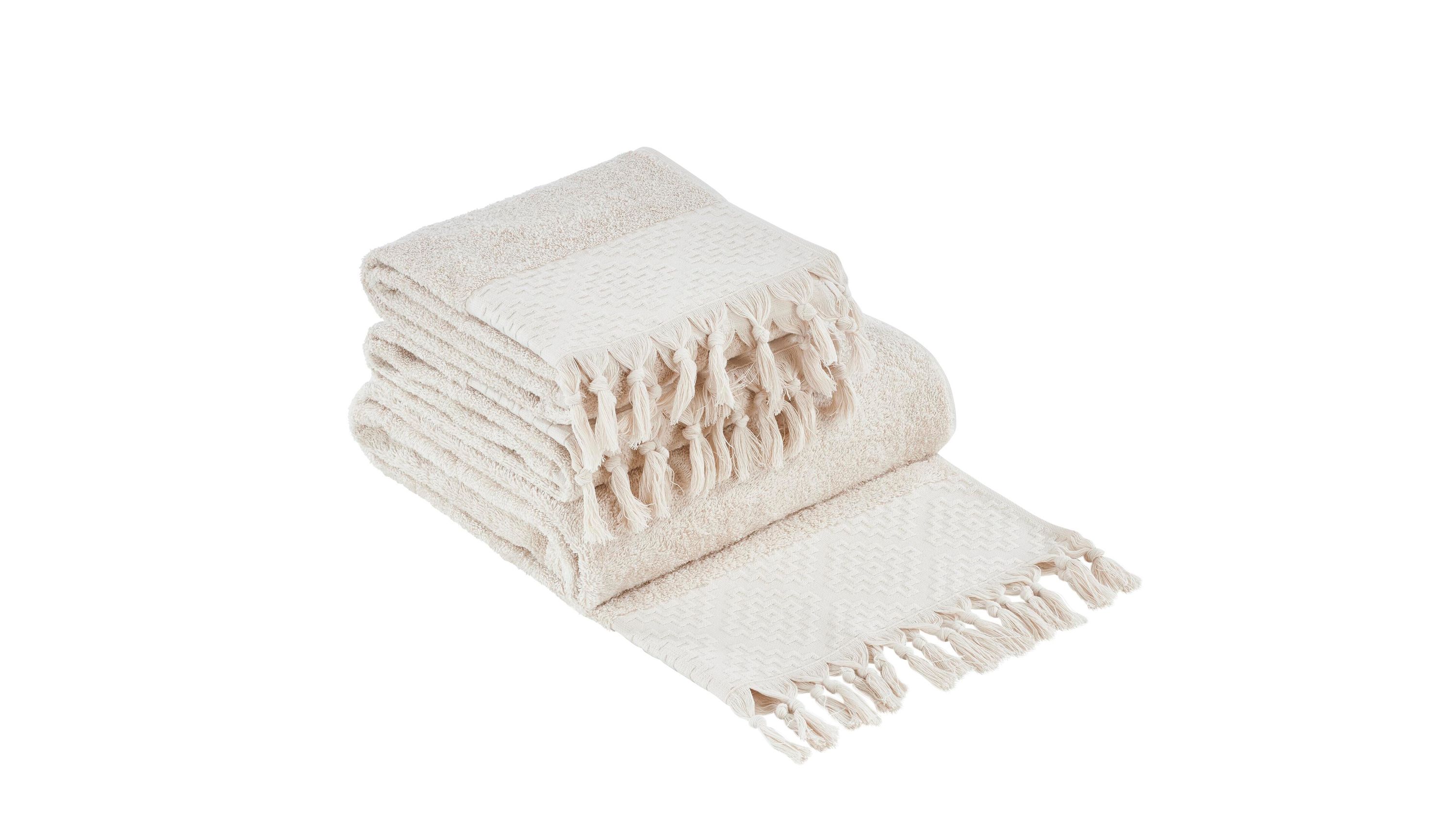 Dreiteiliges Handtuch-Set in beige mit Fransen an den Enden