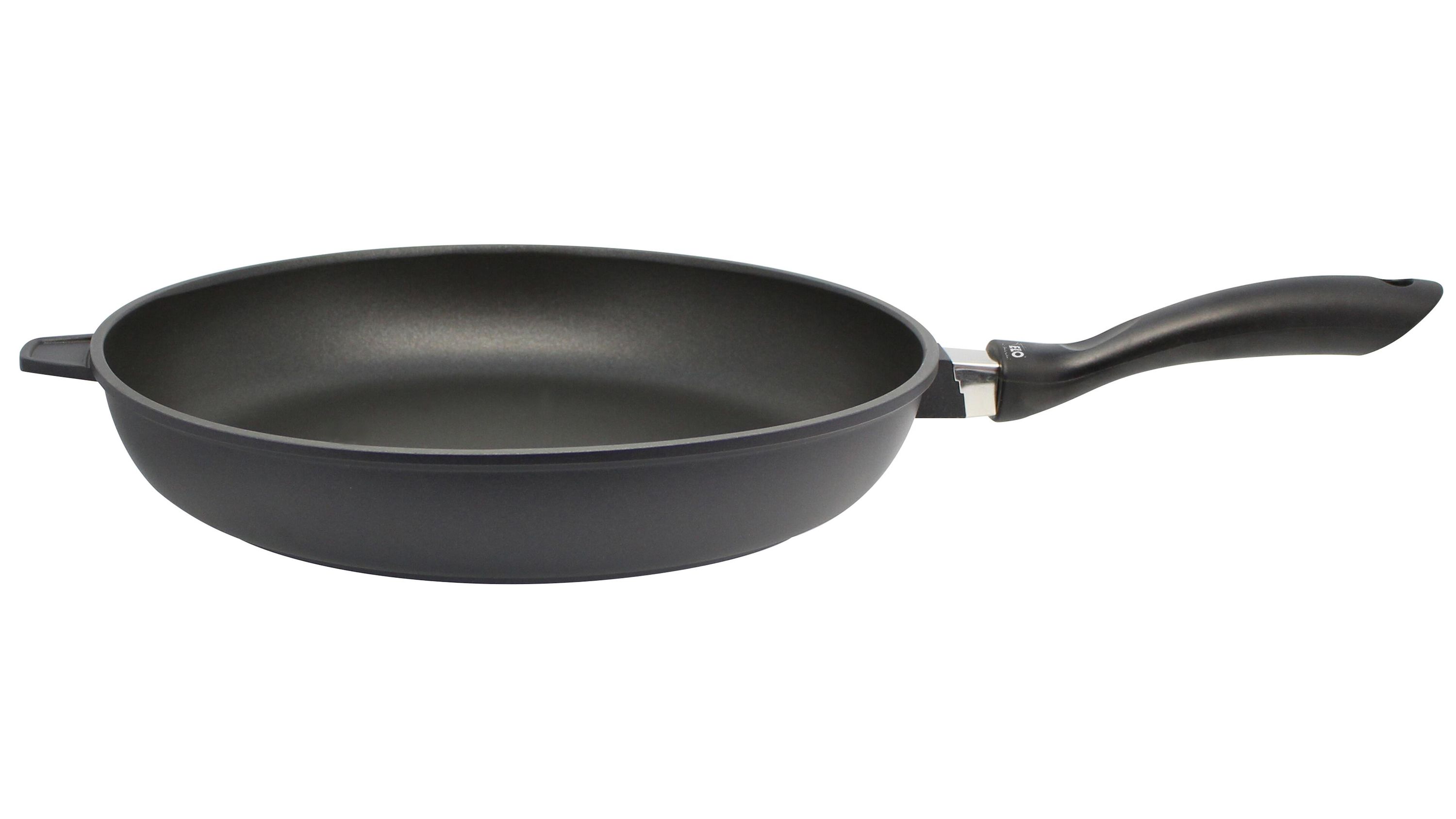 Runde schwarze Bratpfanne mit langem Griff und kleinem Griff gegenüber