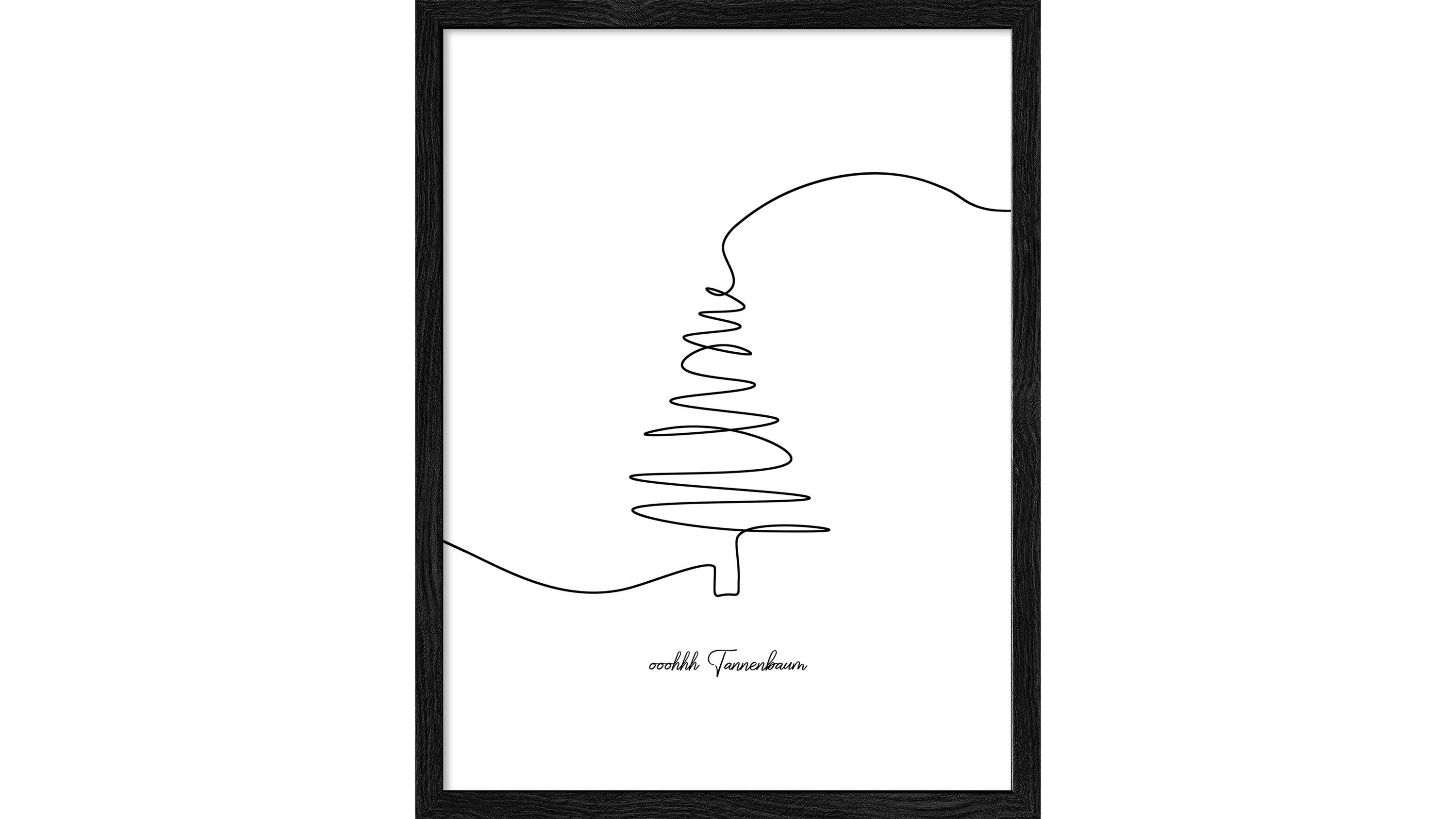 Kunstdruck mit stilisiertem Tannenbaum in Schwarz und Weiß Schwarz-weißer Kunstdruck mit einer stilisierten Tannenbaumlinie und Schriftzug in schwarzem Rahmen