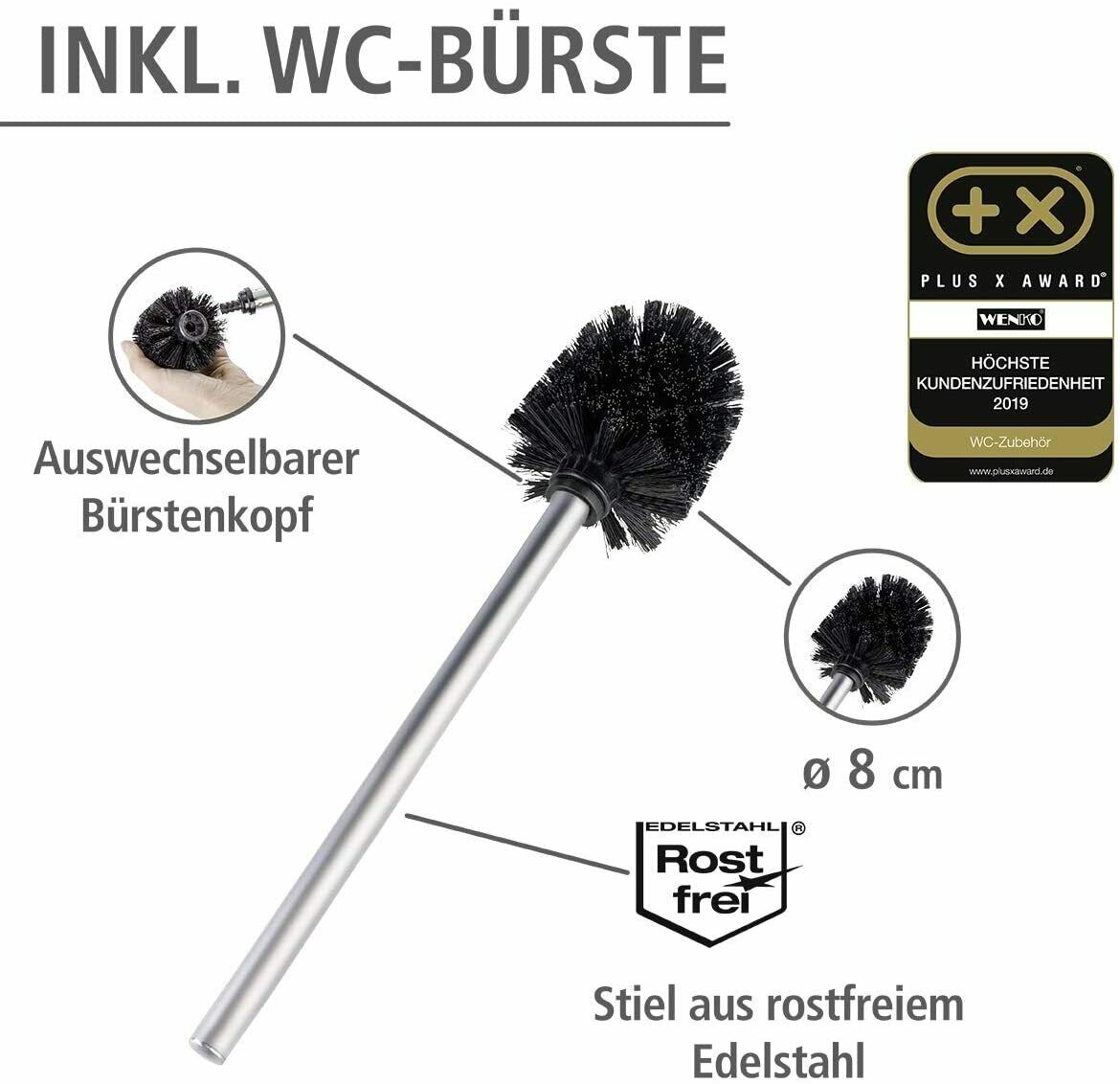 WC-Bürste mit rostfreiem Edelstahlstiel, Ø 8 cm, mit auswechselbarem Bürstenkopf, rostfrei