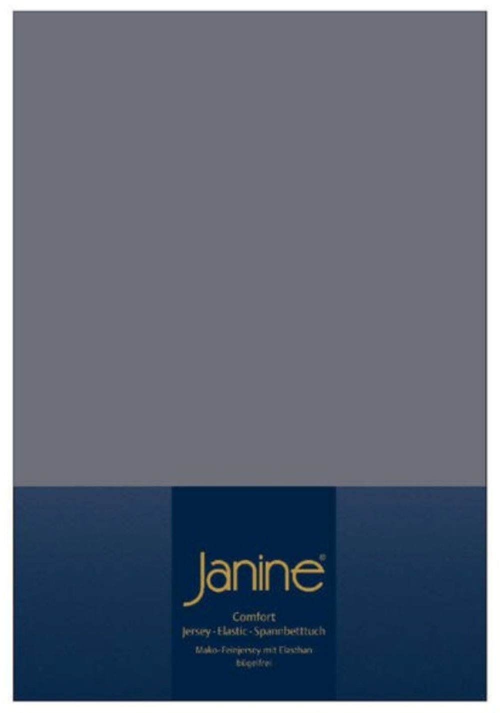 Graues Spannbetttuch in dunkelblauer Verpackung mit goldener Janine-Aufschrift  frontal leicht von oben fotografiert