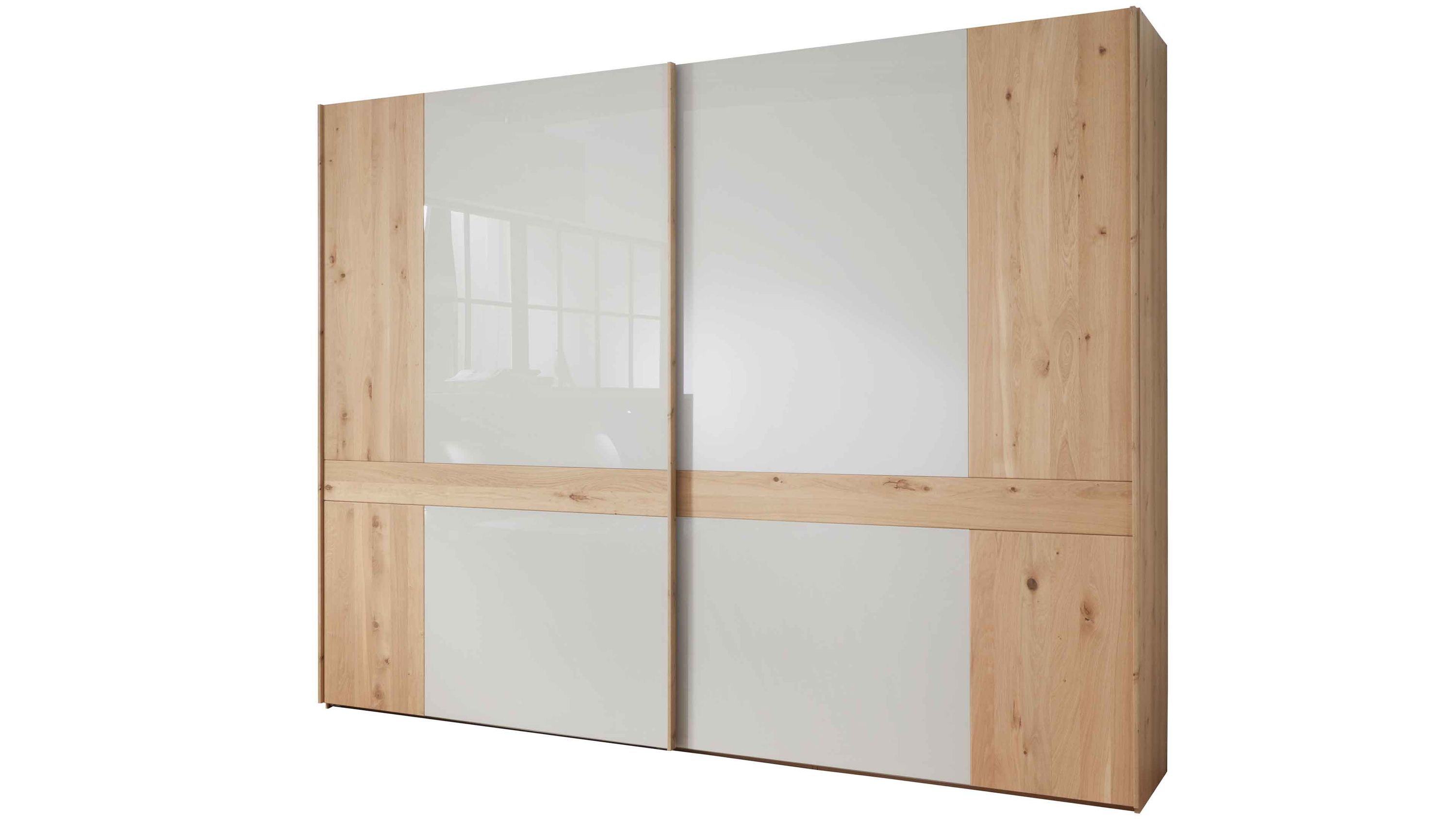 Schwebetürenschrank mit zwei Türen in champagner und Holzoptik Schwebetürenschrank mit zwei Türen in champagnerfarben und hellen Holzakzenten