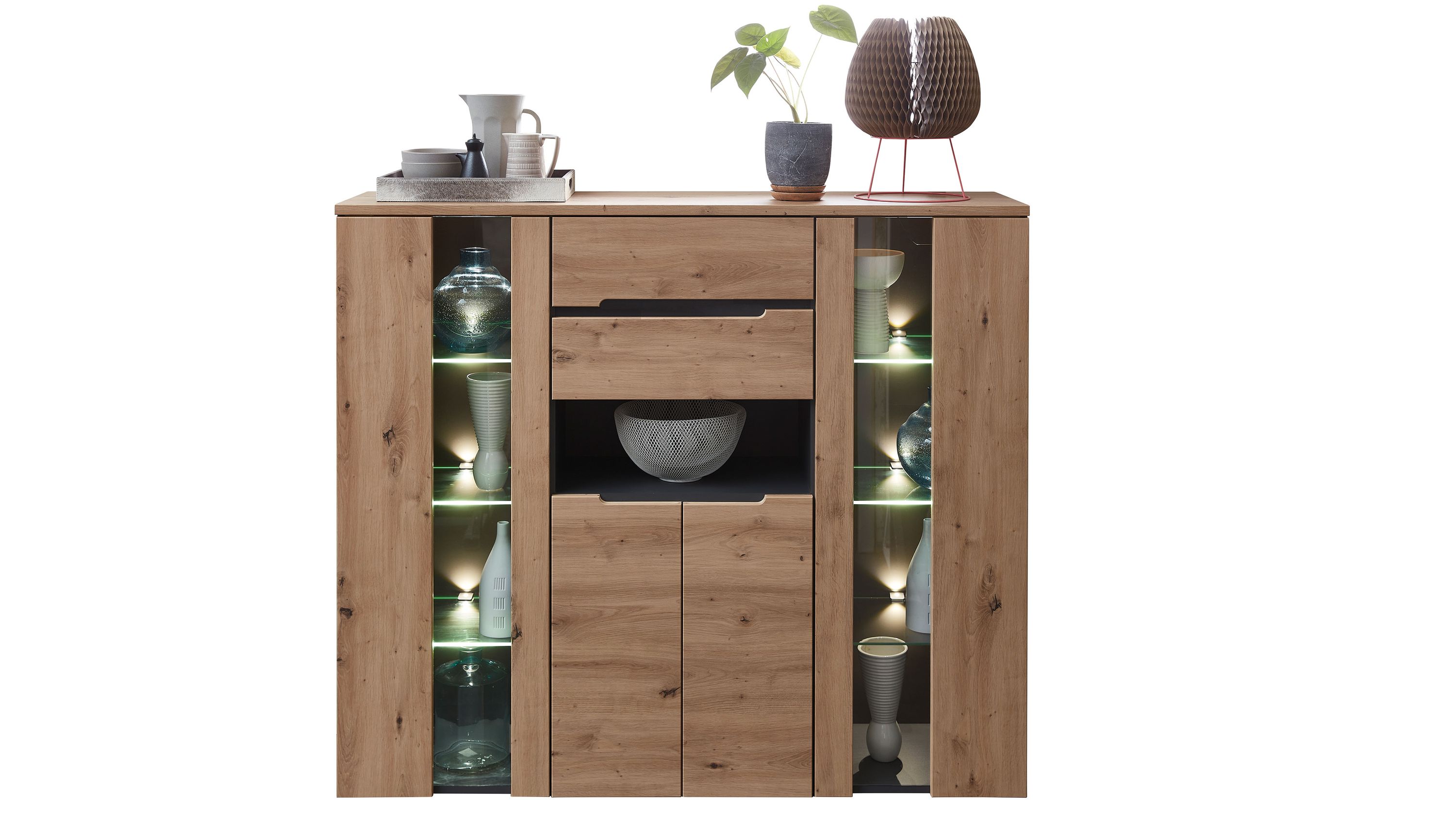 Highboard mit zwei Glastüren und Regalfächern Holzoptik in hellbraun und graphitfarben