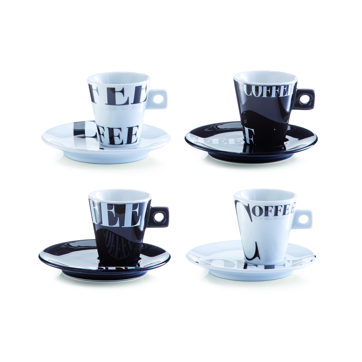Vier Espressotassen mit Untertassen in schwarz und weiß mit Schriftzug Coffee style