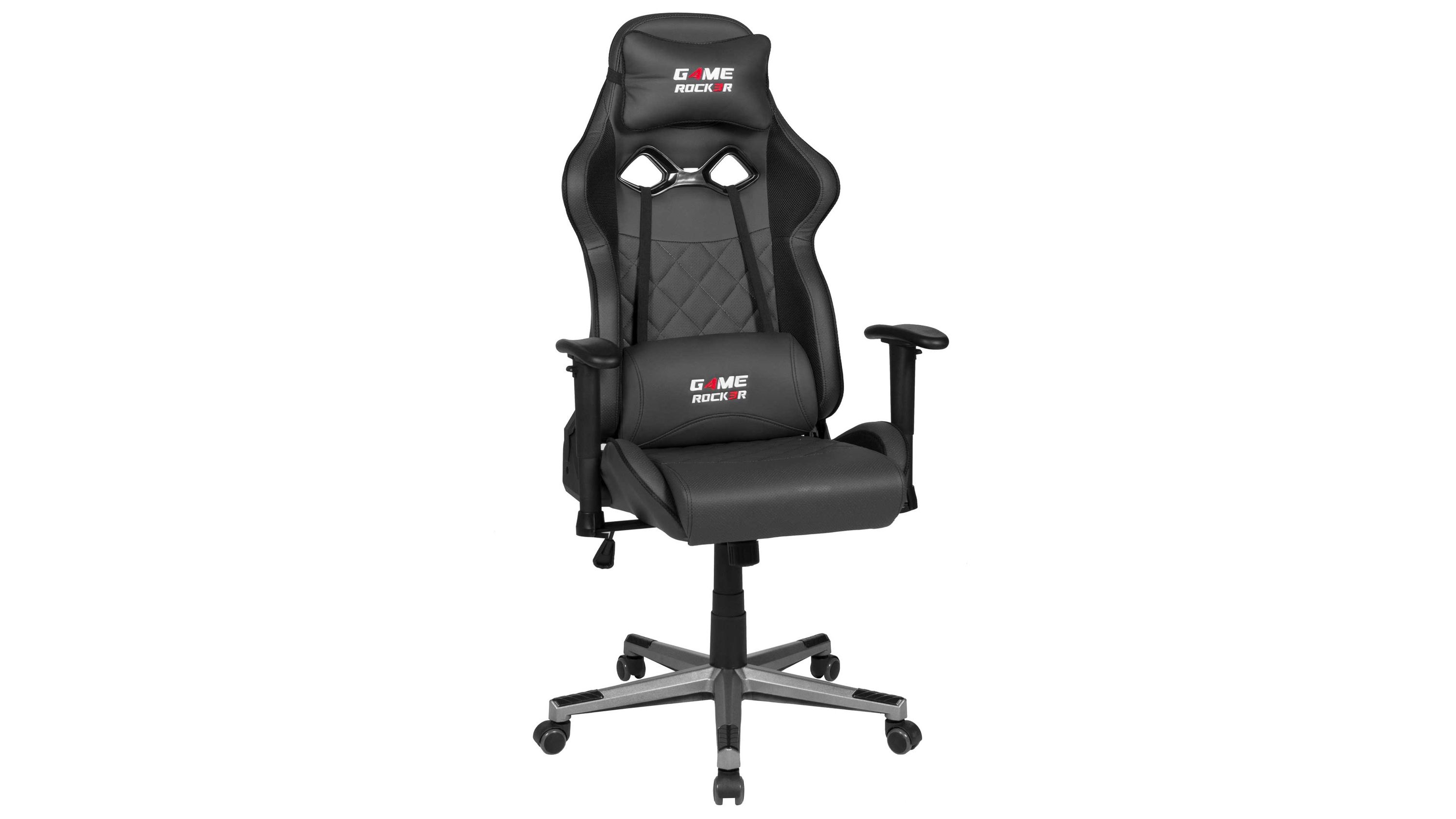 Schwarzer und anthrazitfarbener Gaming-Drehstuhl mit hoher Rückenlehne und Armlehnen auf Rollen