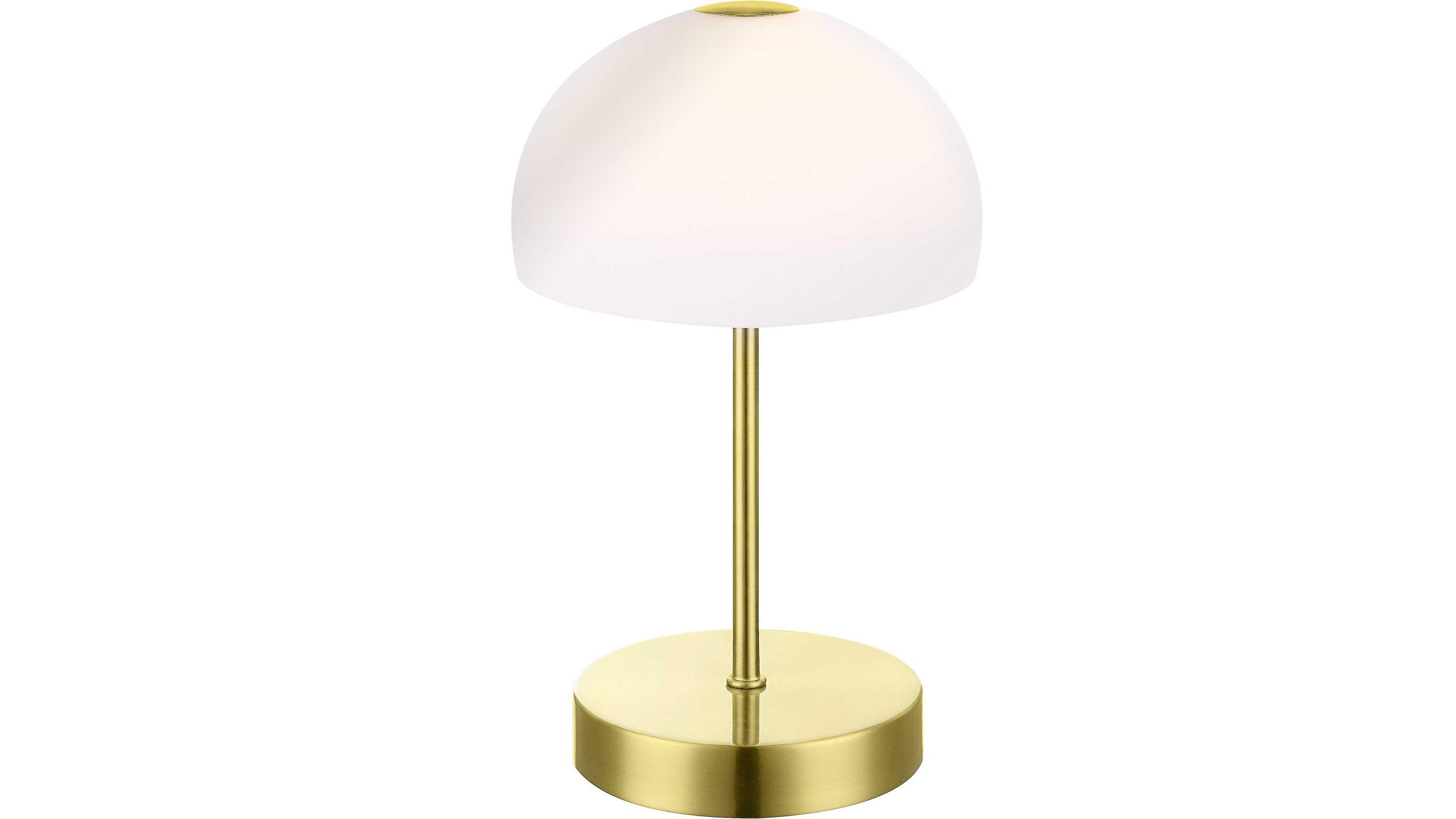 Tischlampe mit rundem weißem Lampenschirm und messingfarbenem Ständer und Sockel