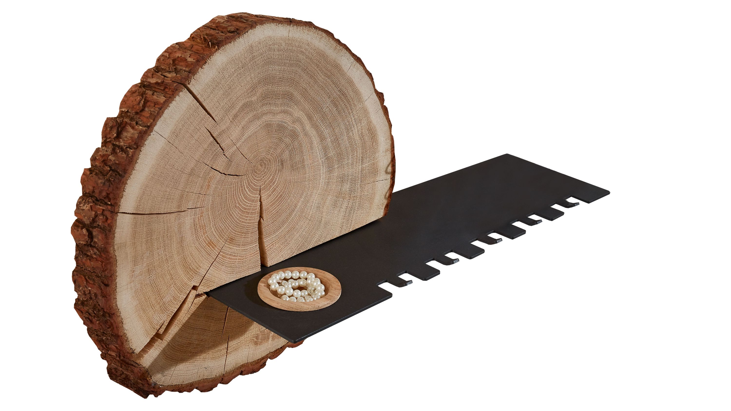 Schlüsselablage mit Baumscheibe und Metallablage Schlüsselablage mit runder Baumscheibe und langer anthrazitfarbener Metallablage mit kleinen Aussparungen