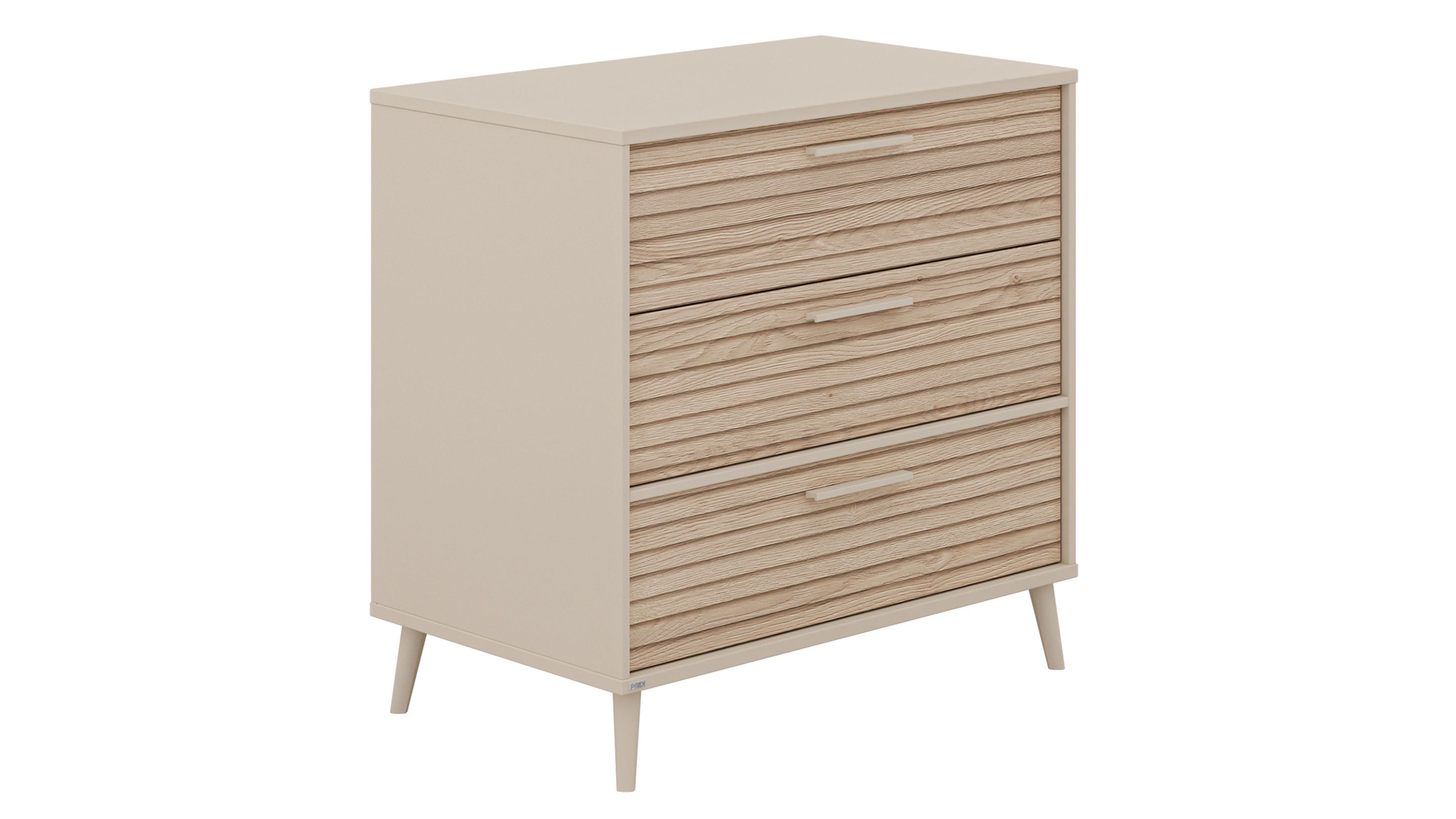 Schubladenkommode mit drei geriffelten Schubladenfronten in beige und holzfarben mit vier schrägen Beinen