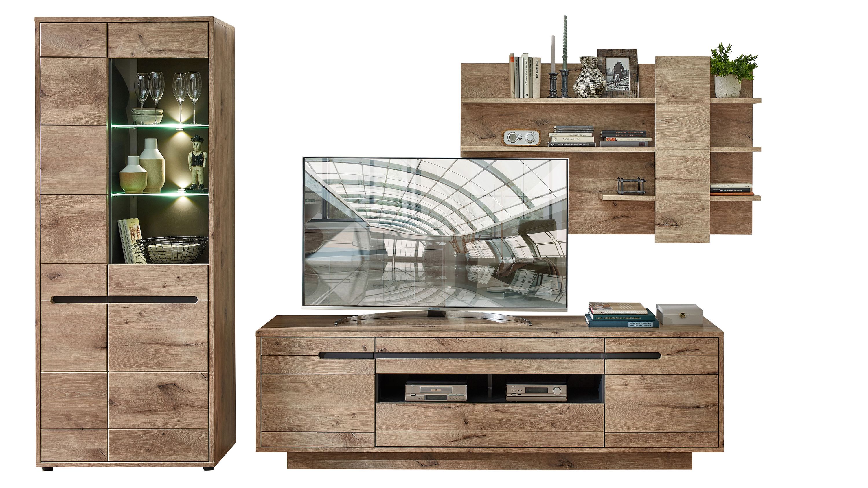 Dreiteilige Wohnwand in Holzoptik mit Beleuchtung Dreiteilige Wohnwand mit Vitrine TV-Board und Wandregal in Holzoptik mit Beleuchtung