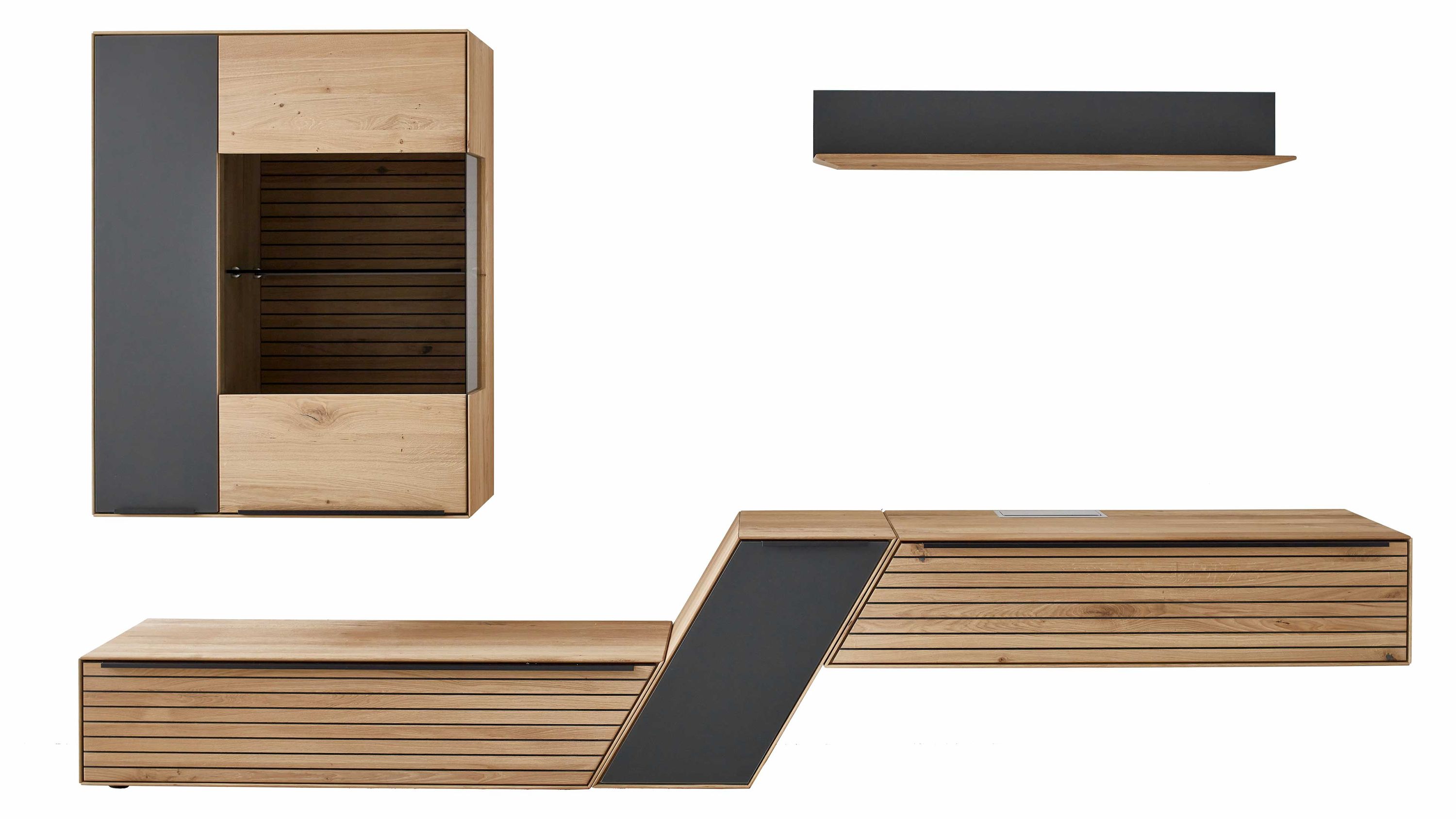 Fünfteilige Wohnkombination aus biancofarbener Asteiche und grauen Elementen Fünfteilige Wohnkombination mit biancofarbener Asteiche und grauen Fronten bestehend aus Vitrine Wandregal und TV-Lowboards