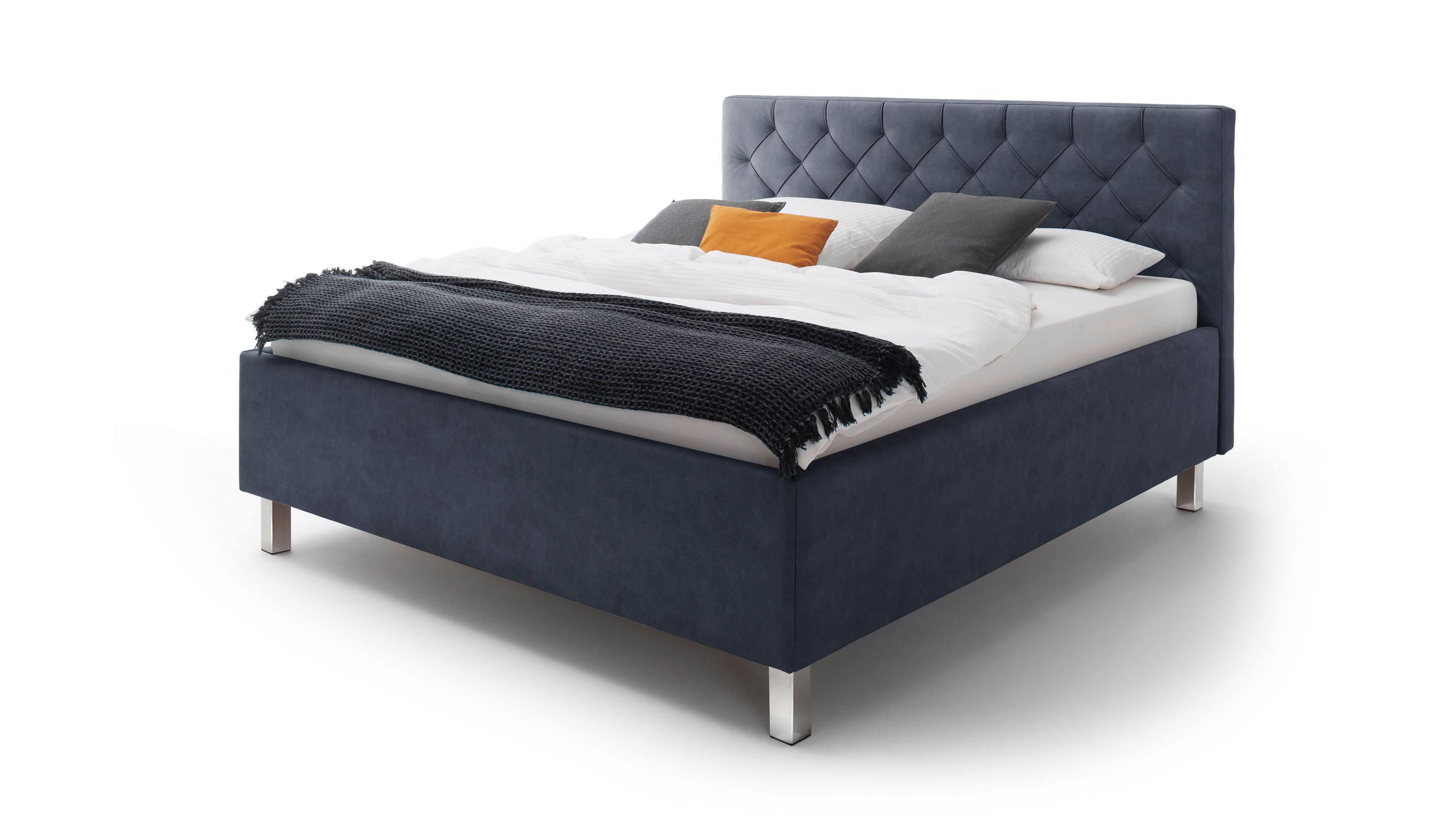 Polsterbett mit Bettkasten und Metallfüßen in taubenblau Polsterbett mit taubenblauem Bezug gestepptem Kopfteil und Metallfüßen mit Bettkasten