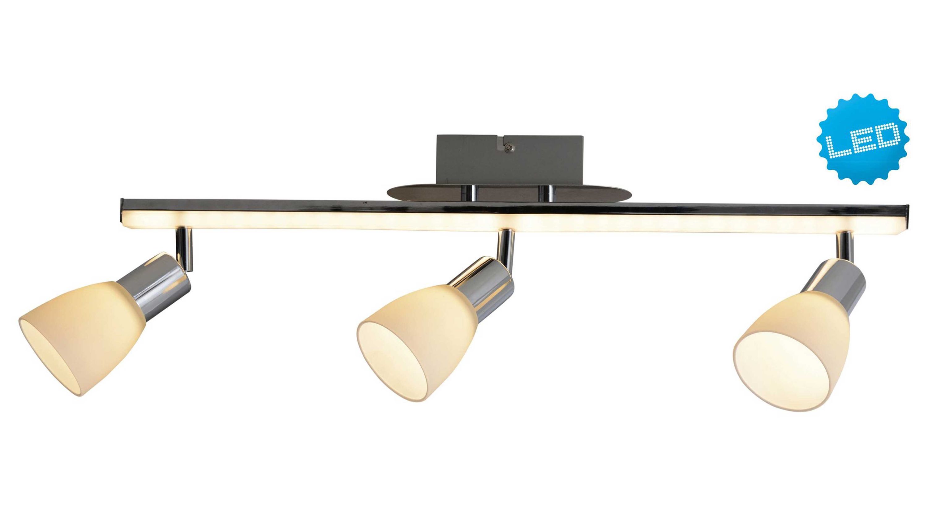Deckenlampe mit drei verstellbaren Leuchtenköpfen aus satiniertem Glas und chromfarbenem Gestell