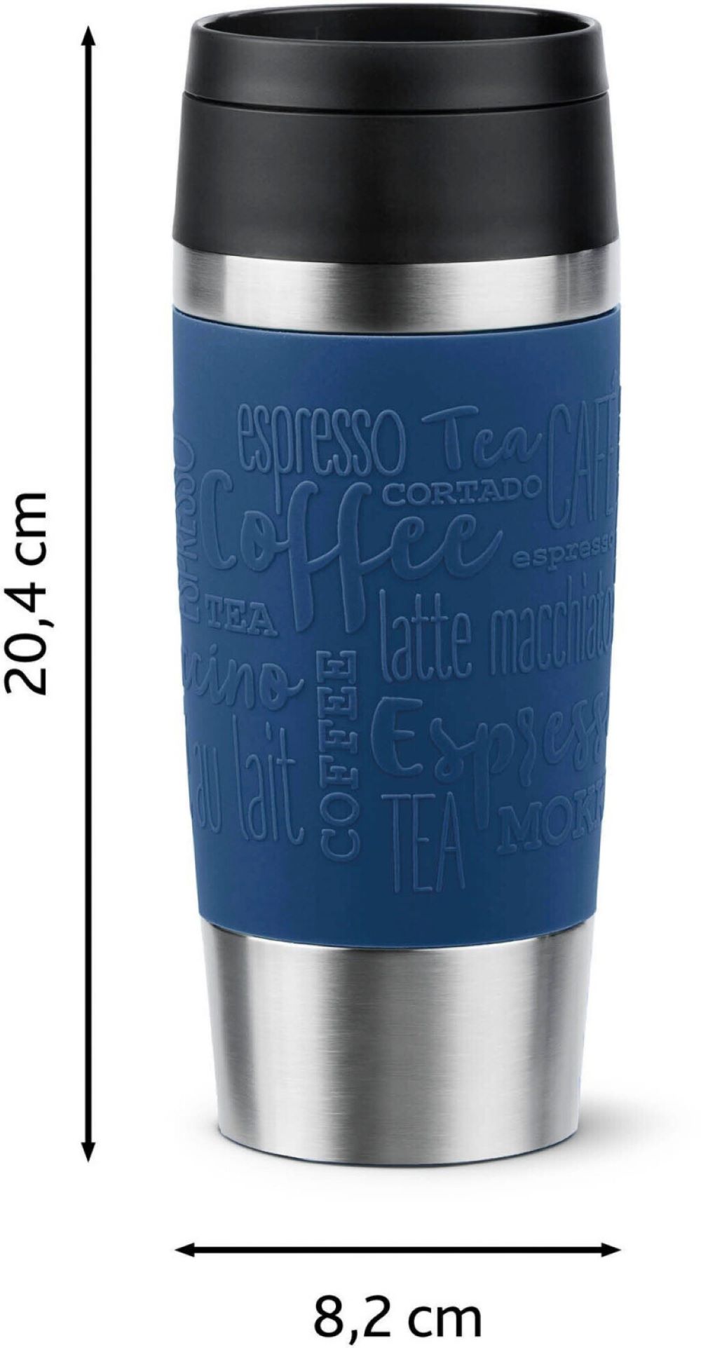 Thermobecher mit Maßen – stilvoller Becher mit Kaffeeprägung und Edelstahl Thermobecher mit silbernem Körper und schwarzem Deckel frontal aus Augenhöhe vor hellem Hintergrund aufgenommen