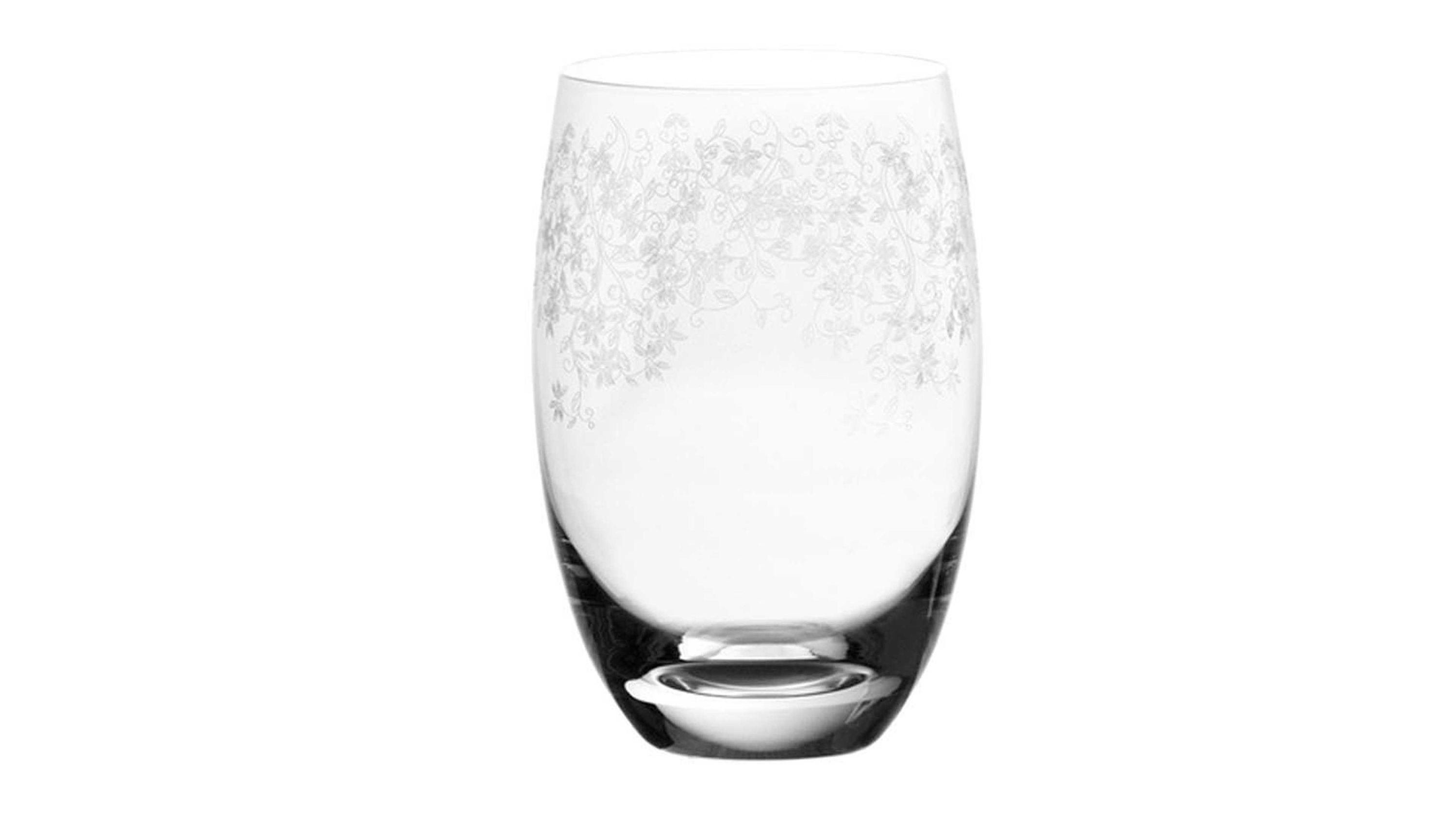 Klarglasbecher mit leicht bauchiger Form und floralem Muster am oberen Rand