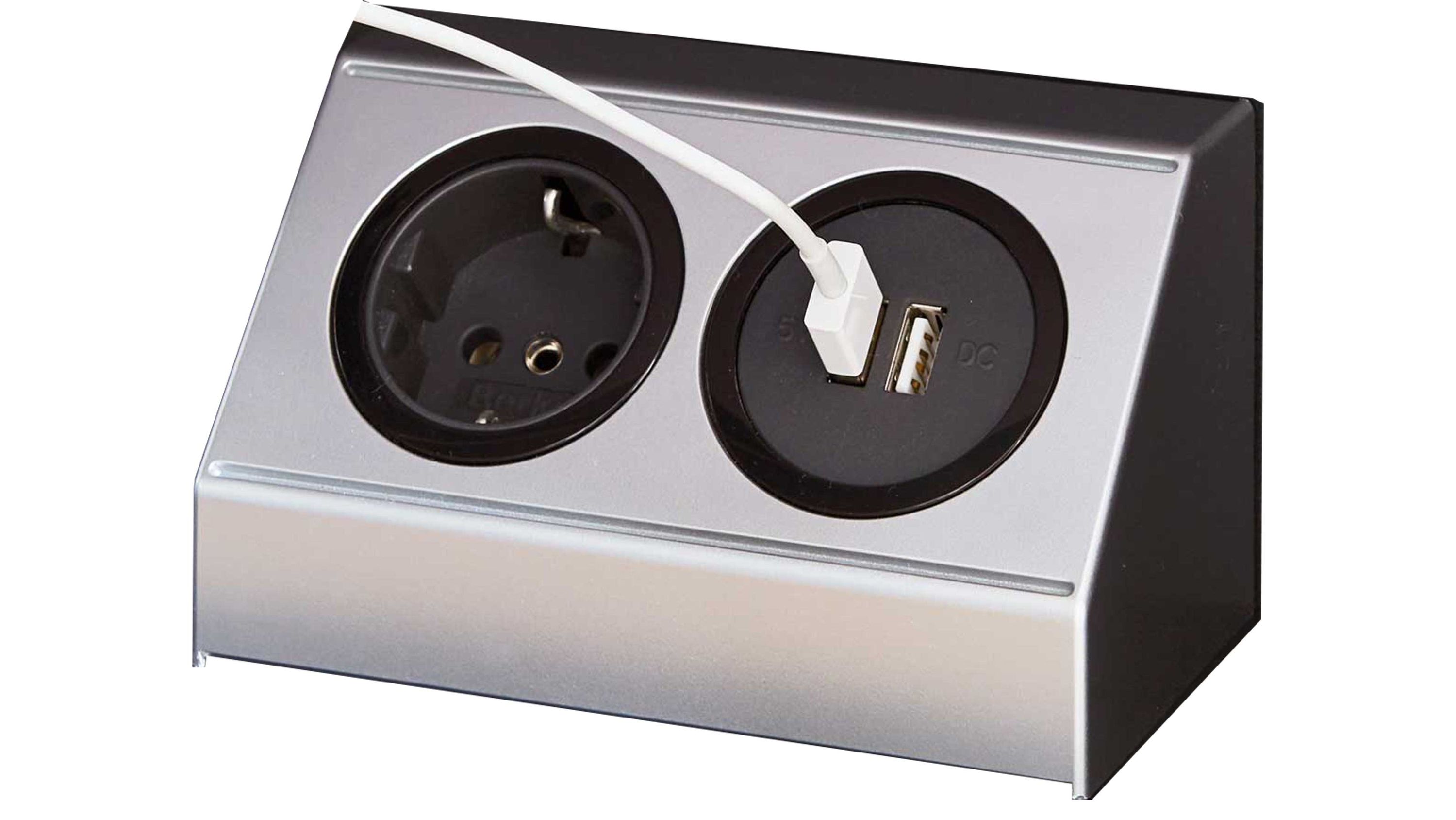 Steckdoseneinheit mit USB-Anschluss in silberfarbenem Kunststoff Steckdoseneinheit mit zwei runden Steckdosen eine mit USB-Anschluss silberfarbener Kunststoff