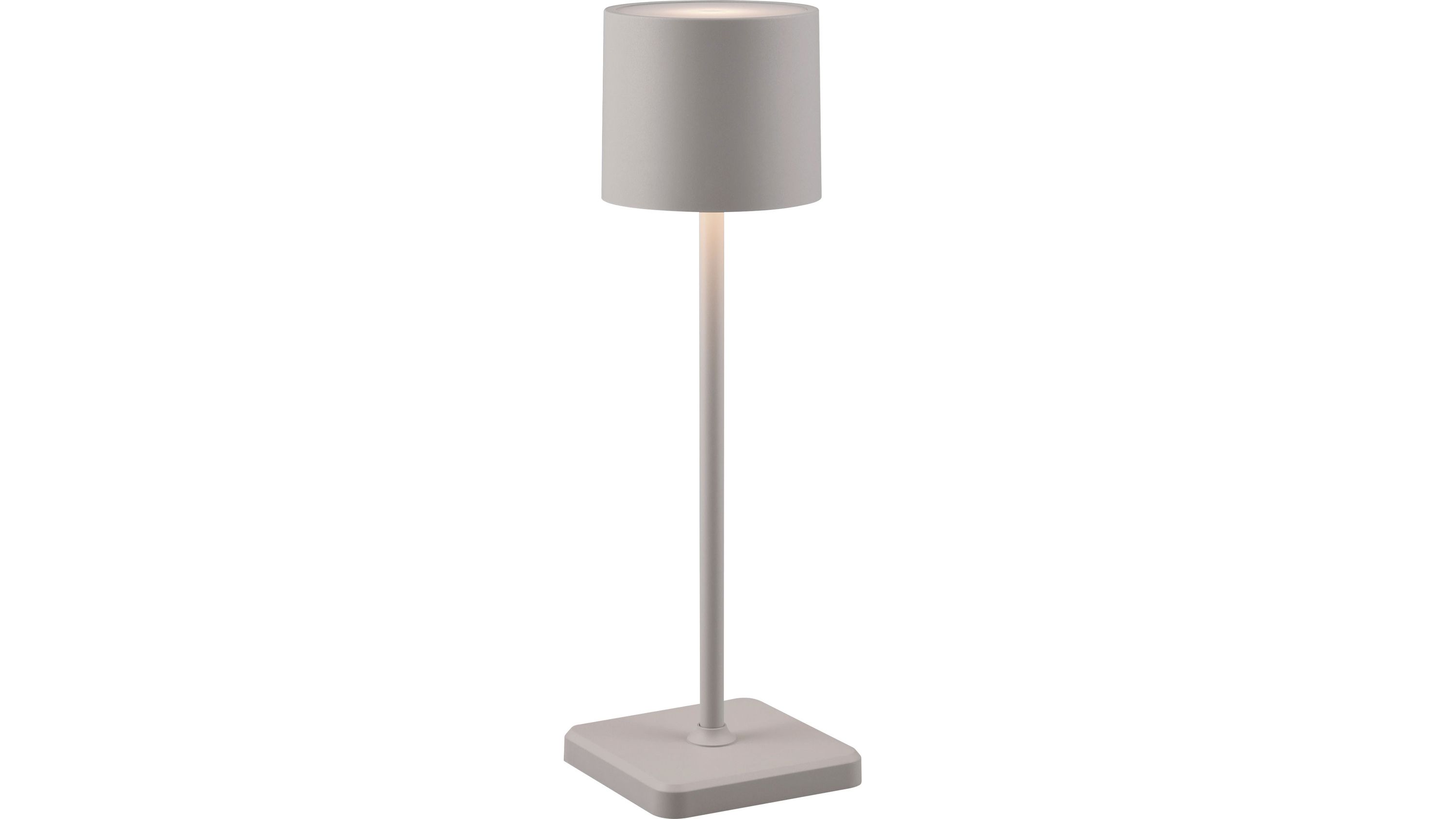Outdoor-Tischleuchte mit rundem Schirm und quadratischem Sockel Graue Outdoor-Tischleuchte mit rundem Lampenschirm und quadratischem Sockel