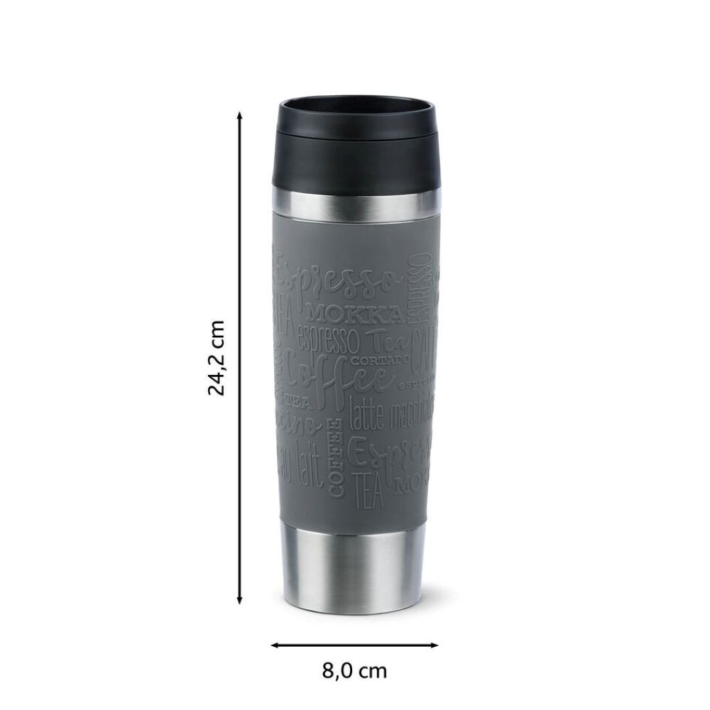 Grauer Thermobecher mit Maßen, Becher mit Kaffeeprägung und Edelstahl Grauer Thermobecher mit Kaffeeprägung, Edelstahlboden, schwarzer Deckel, freigestellt
