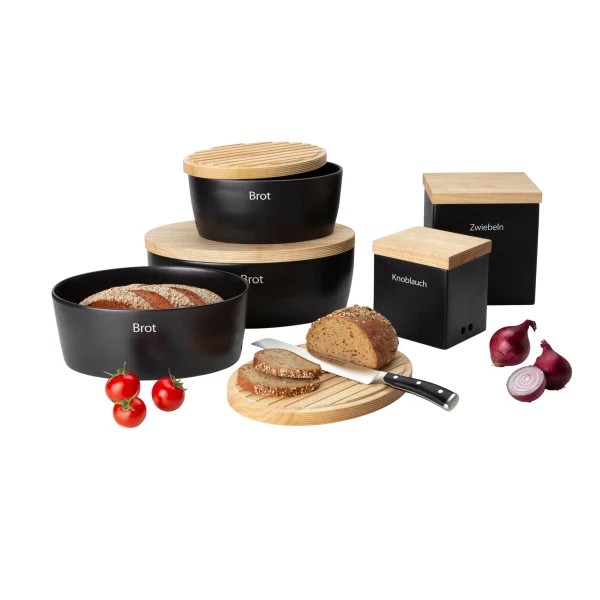 Continenta Keramikdose 16cm schwarz mit Holzdeckel stilvoll beschriftet Vorratsdose aus schwarz geölter Holzdeckel dekoriert mit Lebensmitteln