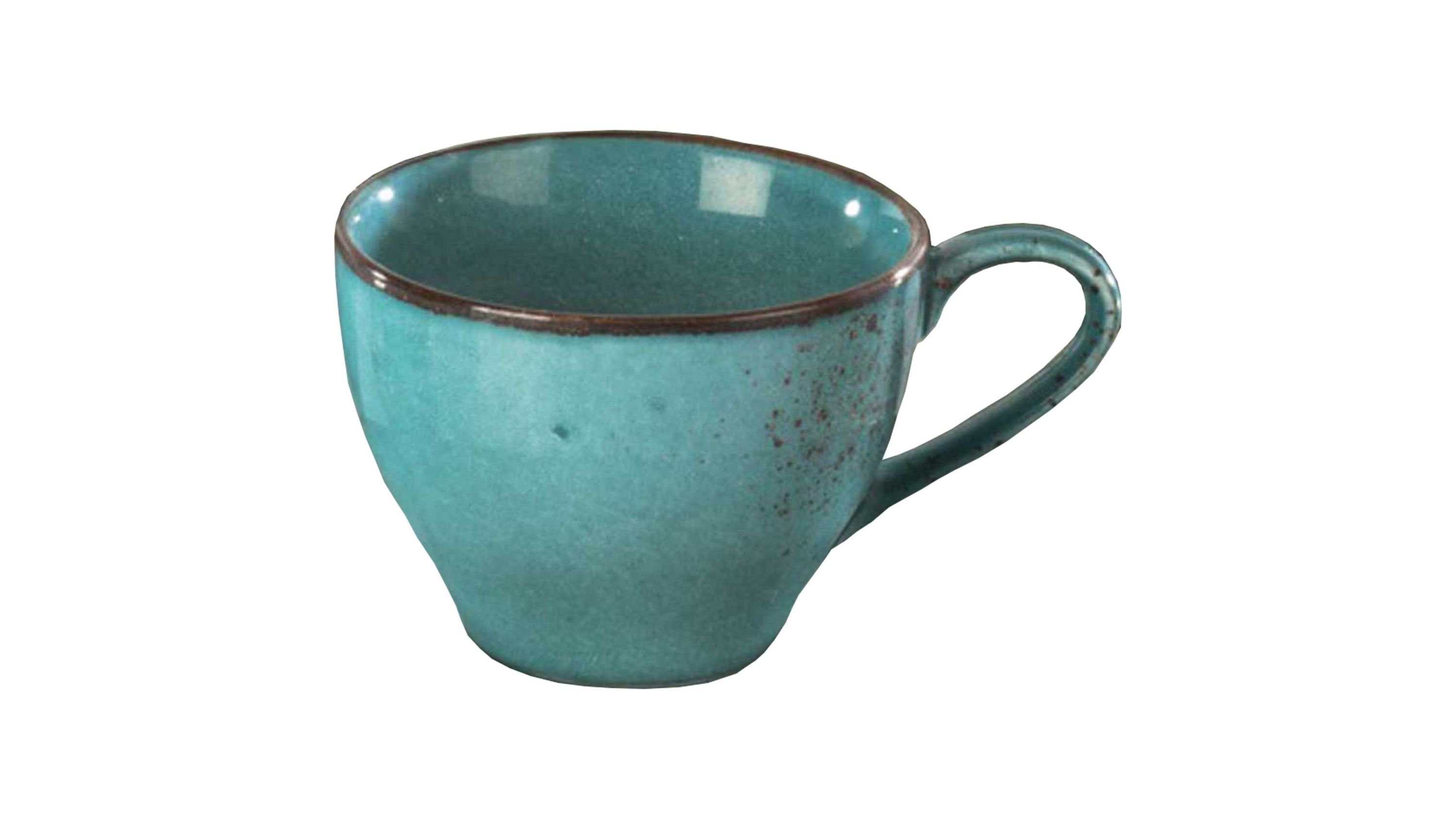Kaffeetasse aus wasserblauem Steinzeug mit rundem Henkel und braunem Rand