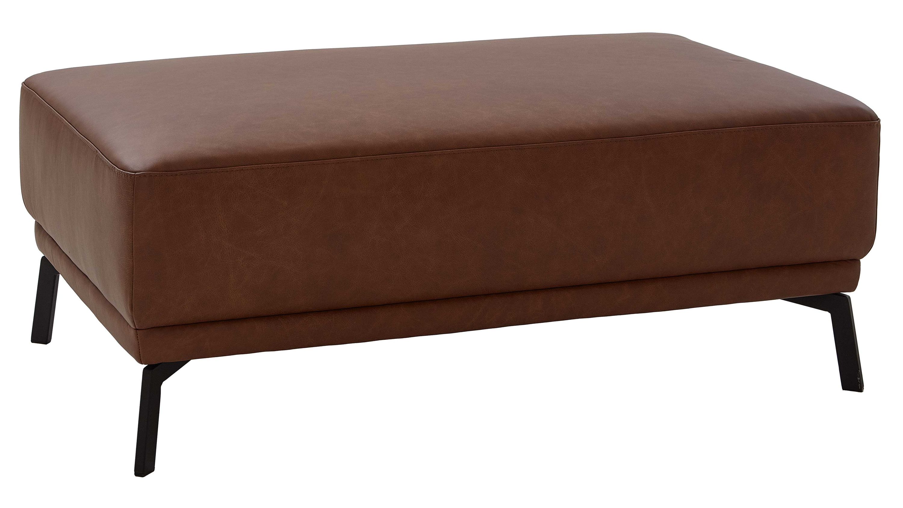 Rechteckiger Hocker mit braunem Lederbezug und schwarzen Metallfüßen