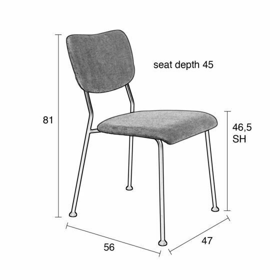 Stuhl mit Rückenlehne und Maßangaben: H 81 cm, SH 46,5 cm, Tiefe 45 cm, Breite 47 cm, Länge 56 cm.