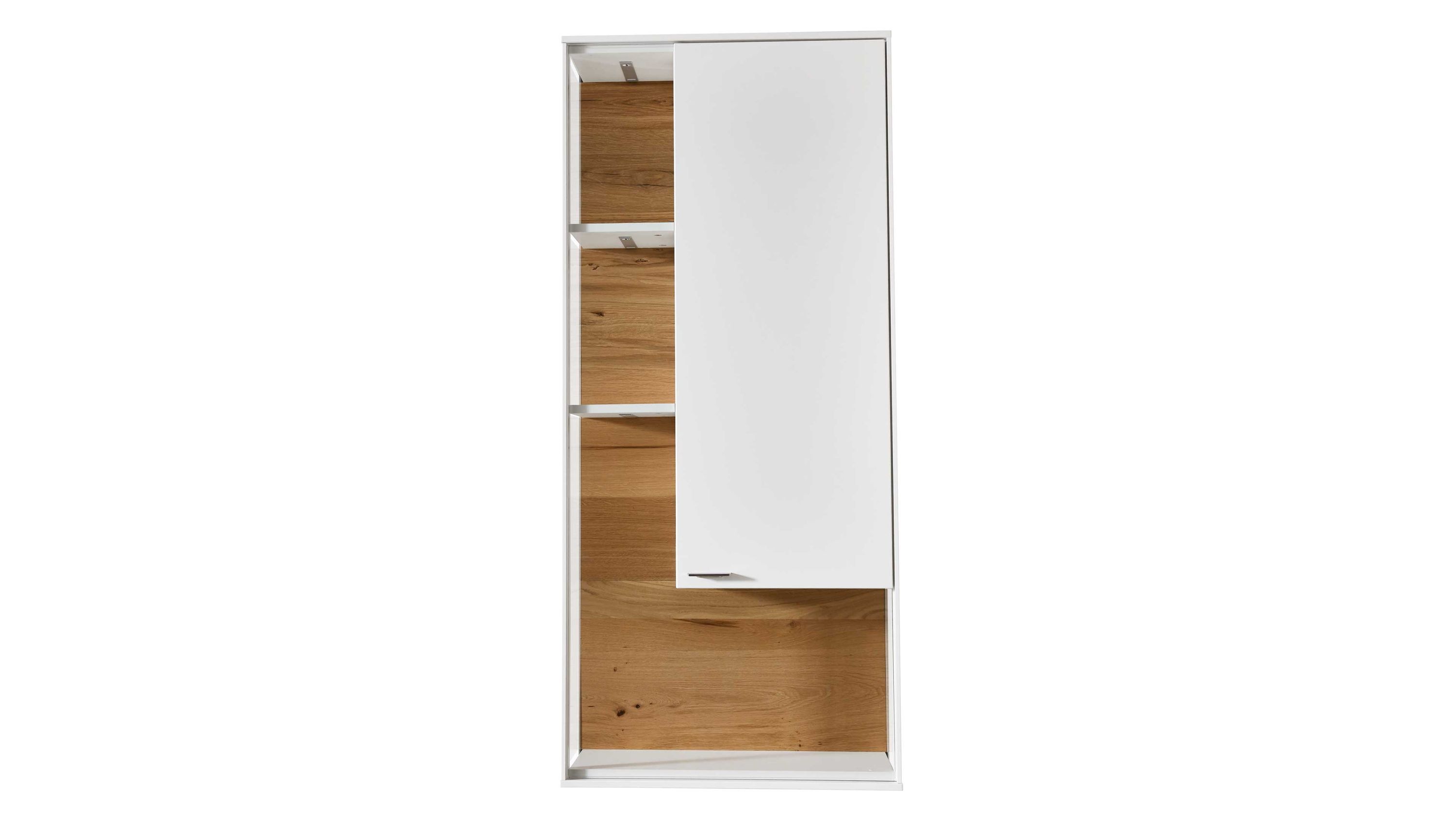 Hängevitrine mit einer weißen Tür und drei offenen Fächern mit holzfarbenem Innenraum