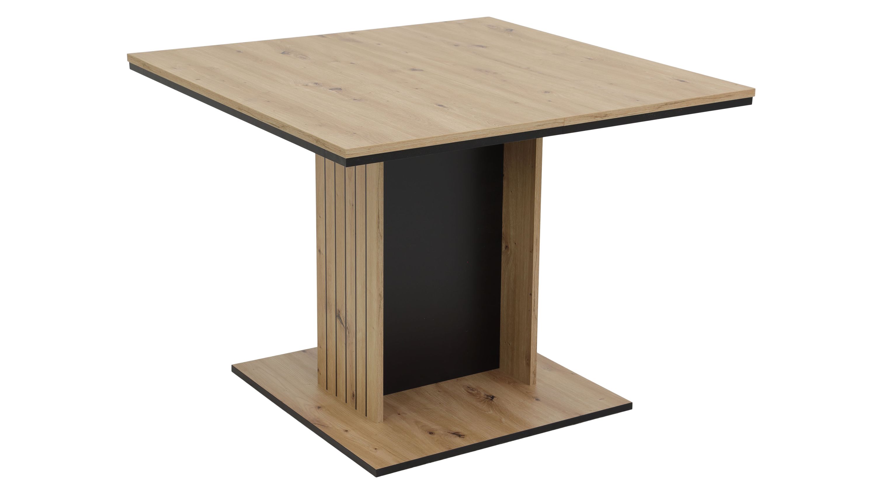 Quadratischer Esstisch mit hellem Holzfarbton und schwarzem Mittelteil