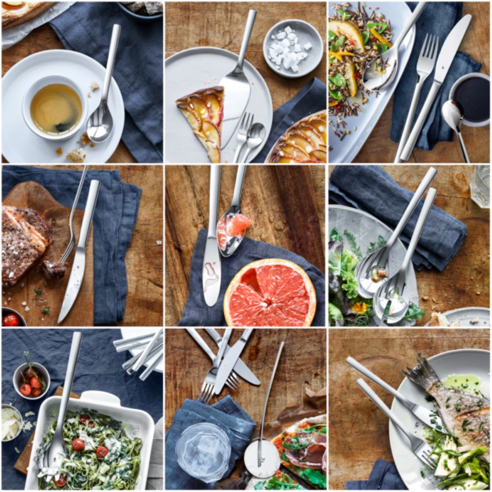 Frontalansicht einer Collage aus 9 Bildern mit WMF-Löffeln neben Speisen wie Suppe Pizza Salat & Grapefruit auf Holztisch