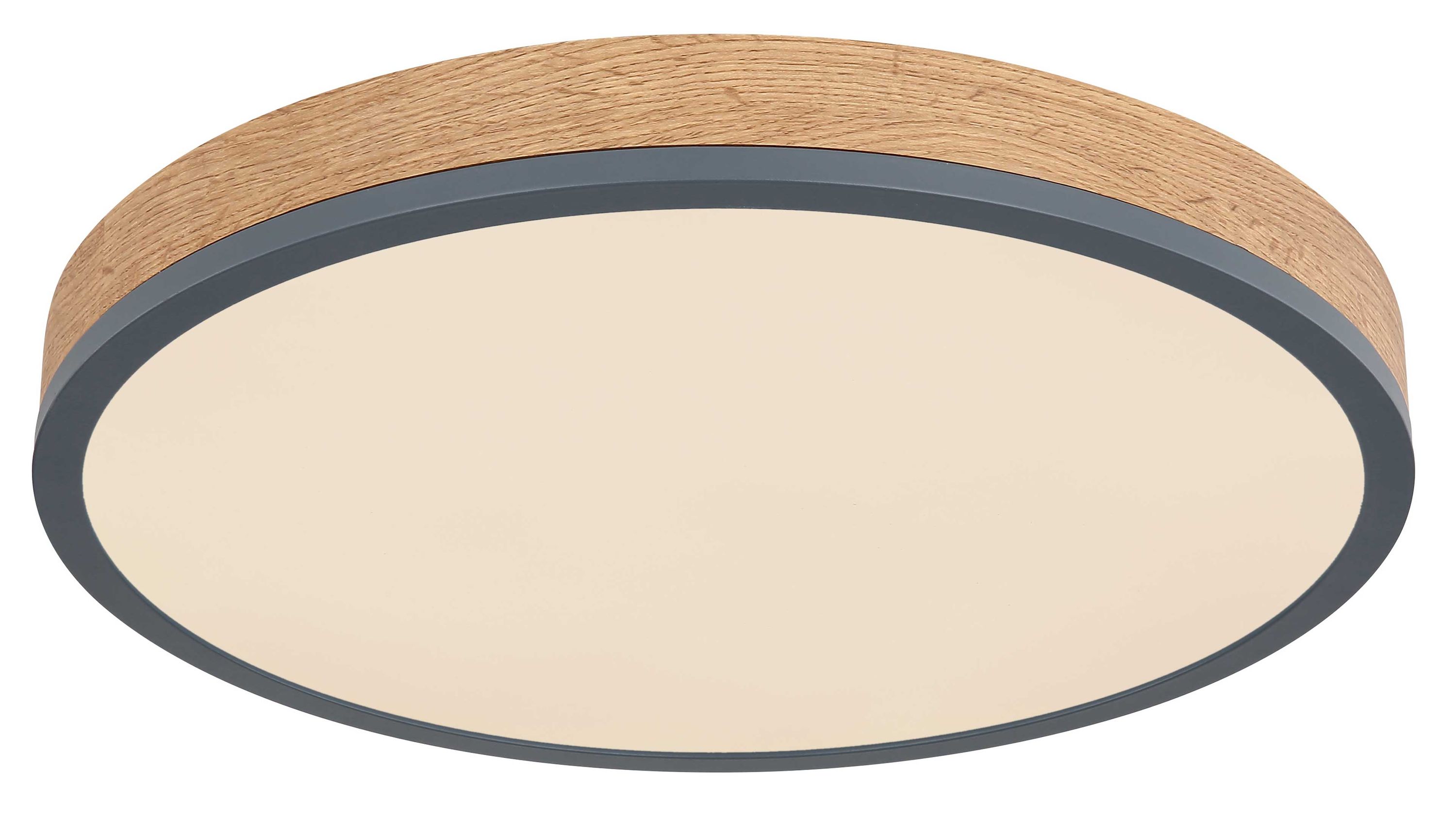 Runde Deckenleuchte mit Holzrand und Metallrahmen Runde Deckenleuchte mit hellem Diffusor Holzrand und dunklem Metallrahmen
