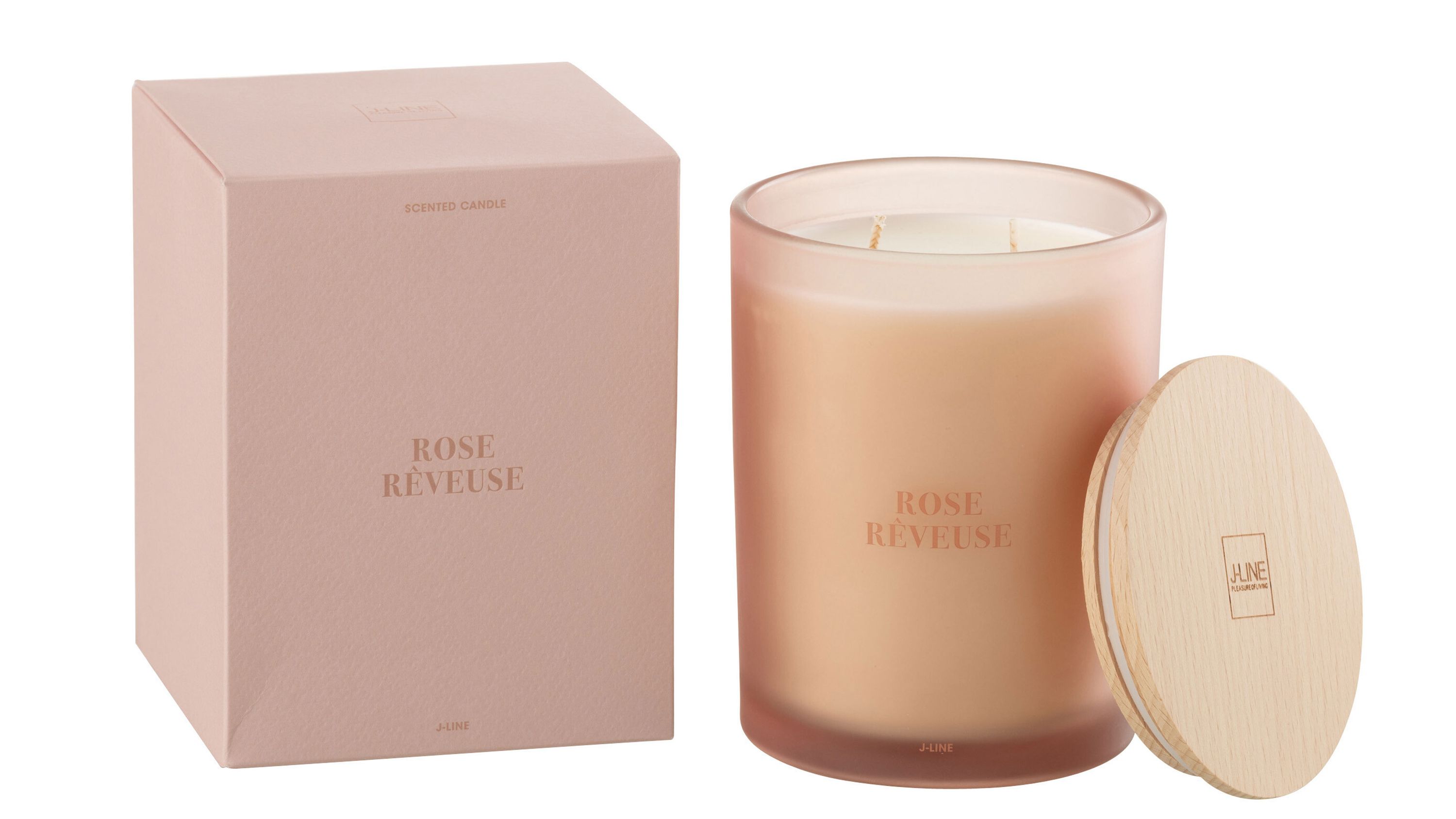 Rosa Duftkerze in rundem Glas mit Holzdeckel und passender rosa Verpackung