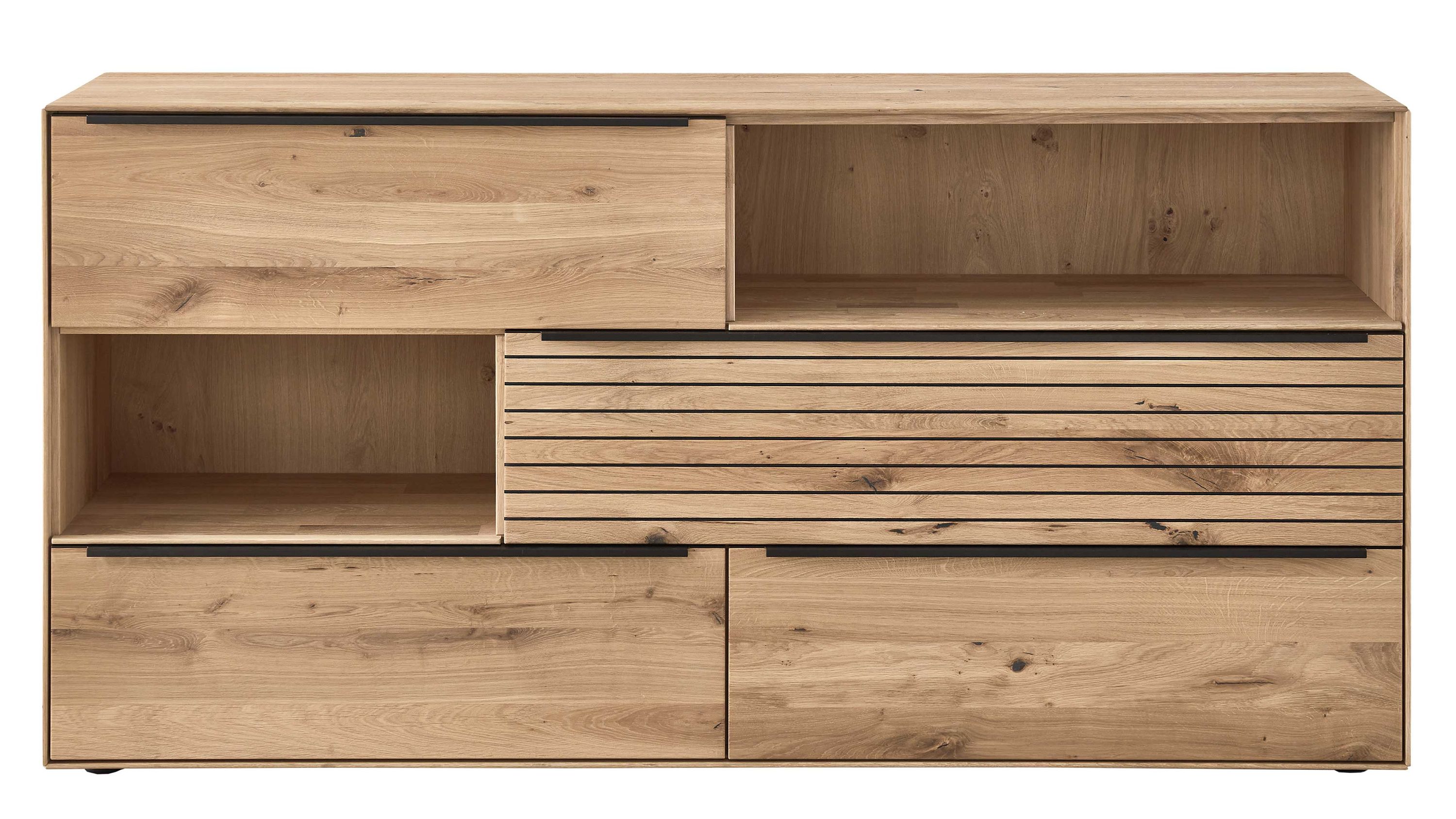 Sideboard mit mehreren Fächern und Schubladen in hellbrauner Holzoptik mit Maserung