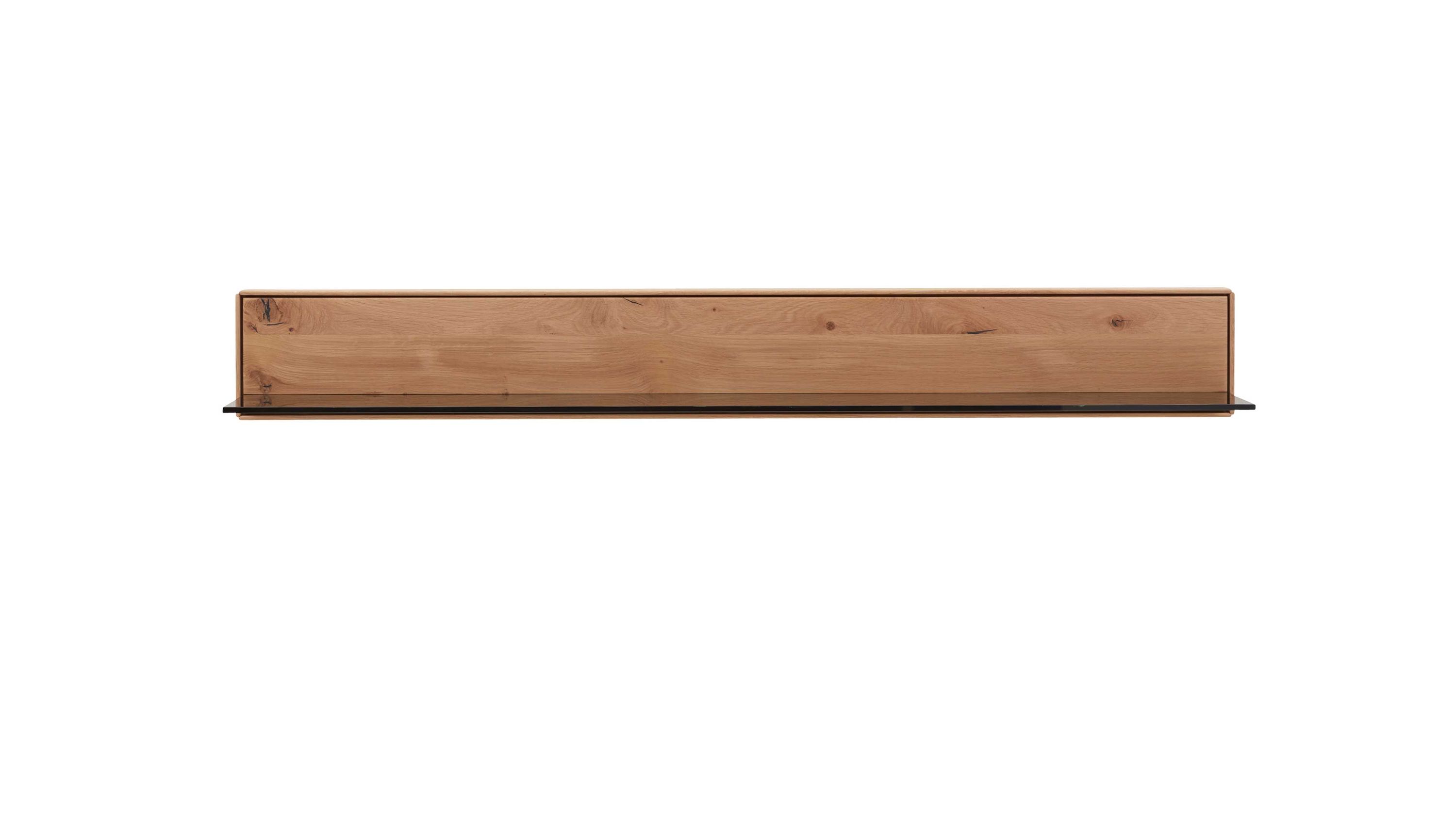 Wandboard in heller Holzoptik mit schwarzer Ablagefläche Rechteckiges Wandboard mit einer Holzplatte in heller Holzoptik und einer schwarzen Ablagefläche