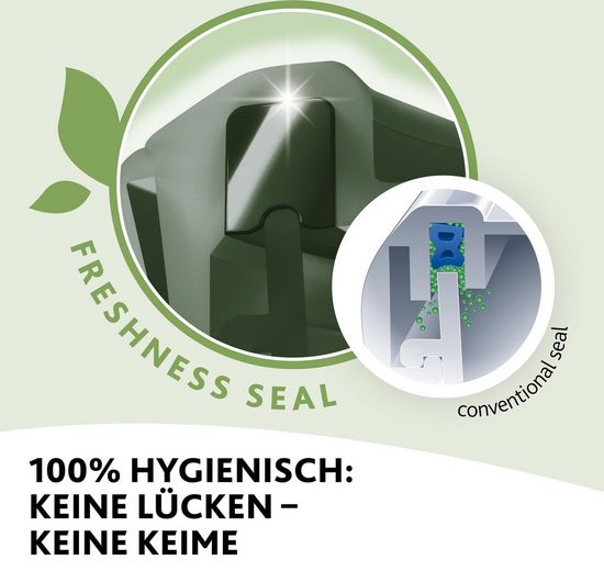 Nahaufnahme einer Frischhaltedose mit grünem Clipverschluss Frischesiegel und Hinweis auf hygienische Eigenschaften
