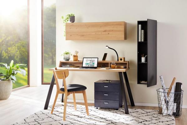 LED-Schreibtischlampe im wohnlichen Arbeitszimmer mit Regal und Pflanzen Schwarze LED-Schreibtischlampe auf Holzschreibtisch mit Laptop, Regalwand und Pflanzen im Tageslicht