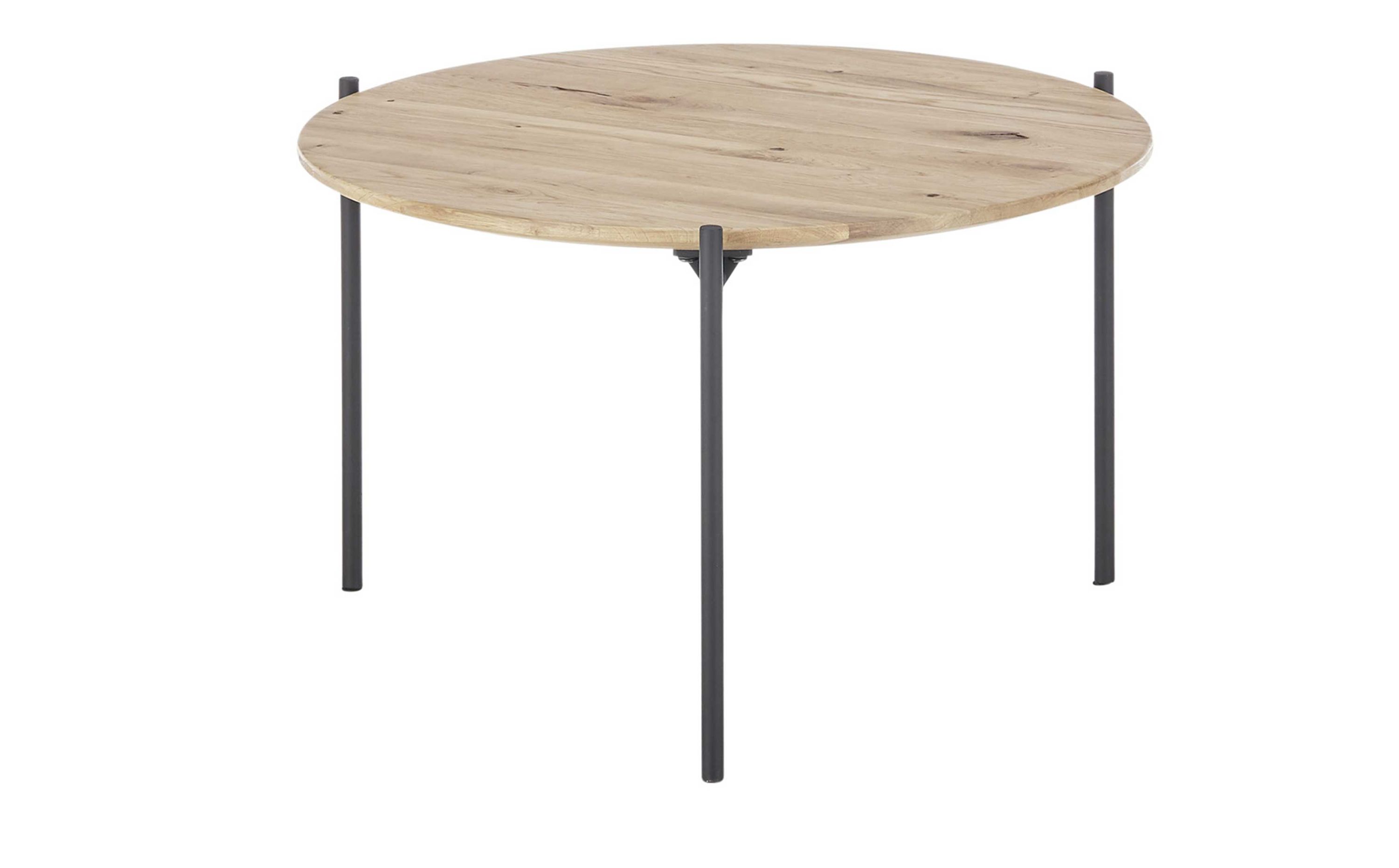 Runder Couchtisch mit hellem Holzplatte und drei schwarzen Metallbeinen