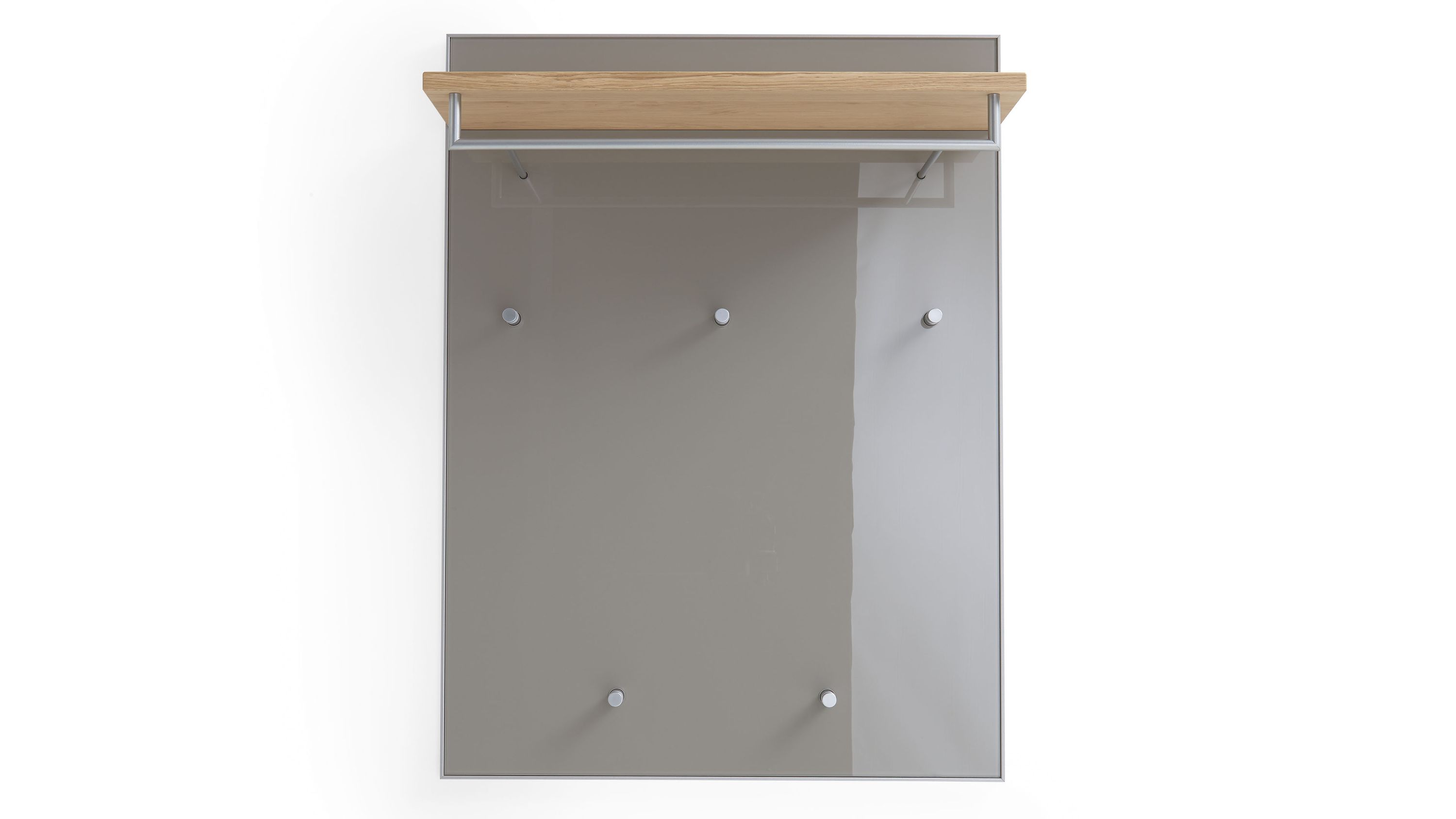 Wandgarderobe mit taupefarbenem Glasrückwand fünf Metallhaken und einem Holzregal oben