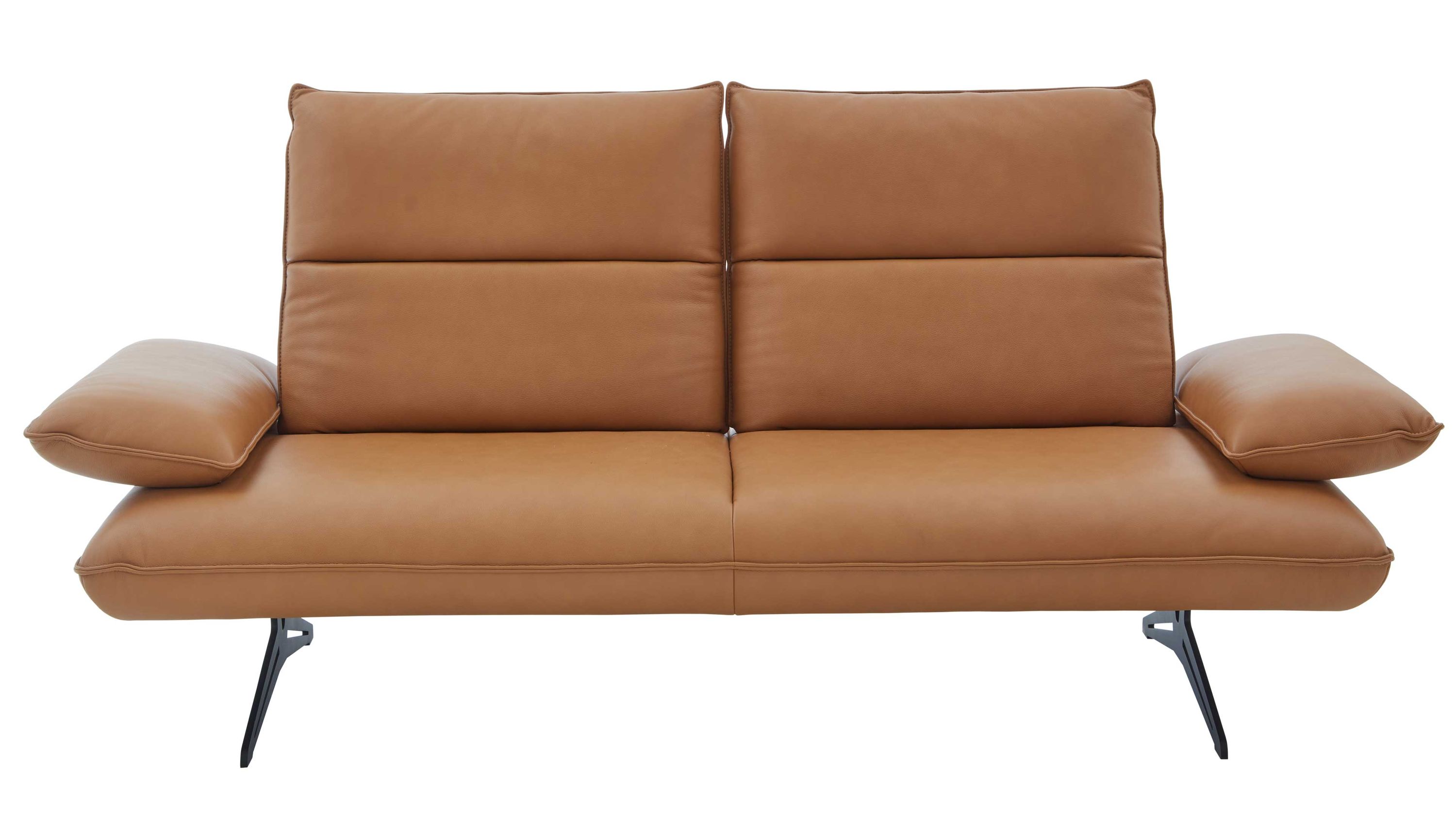 25-Sitzer Sofa in ockerfarbenem Leder mit Metallbeinen 25-Sitzer Sofa mit zwei Rückenlehnen und Armlehnen in ockerfarbenem Leder auf schwarzen Metallbeinen
